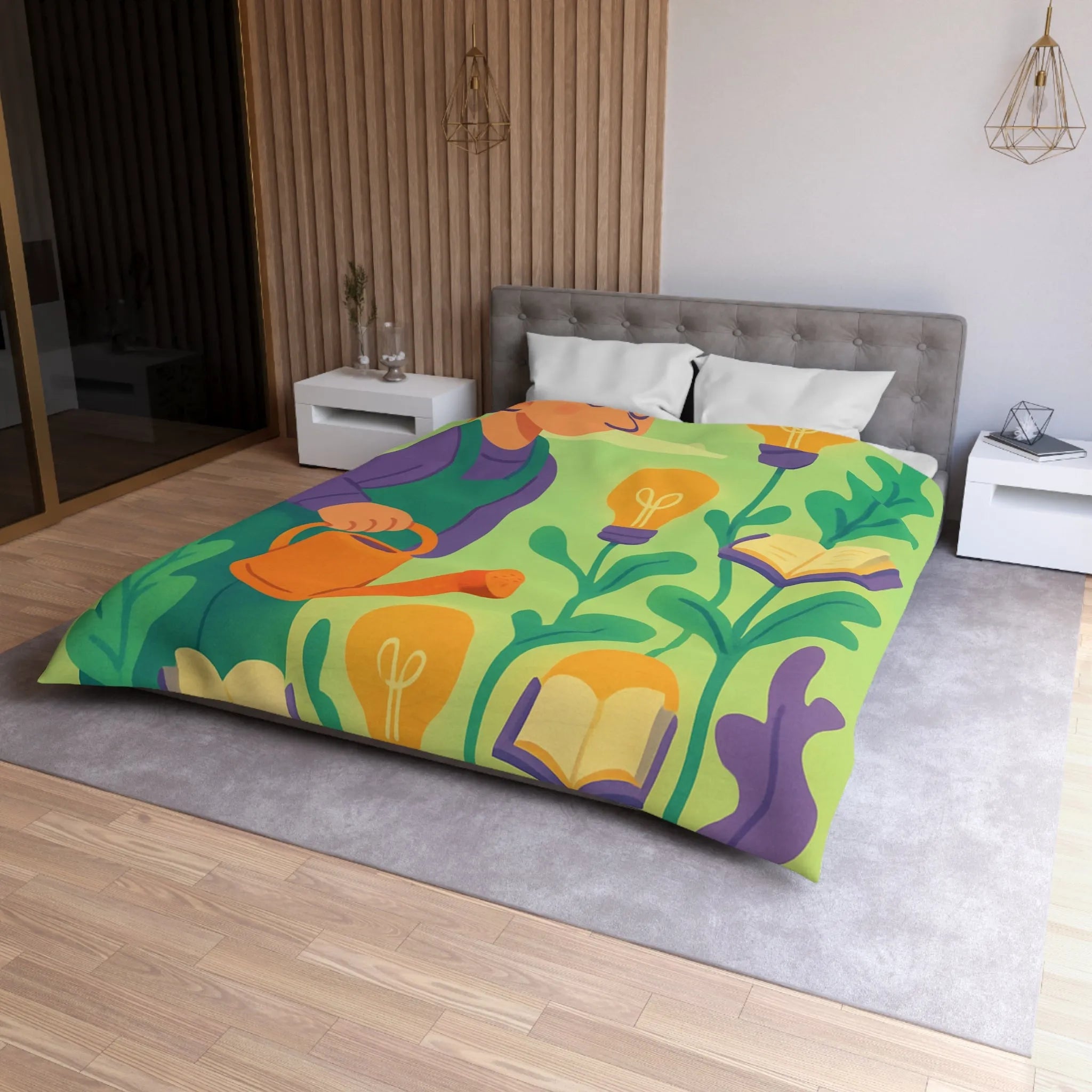 Housse de couette colorée avec jardinier arrosant plantes livres et ampoules