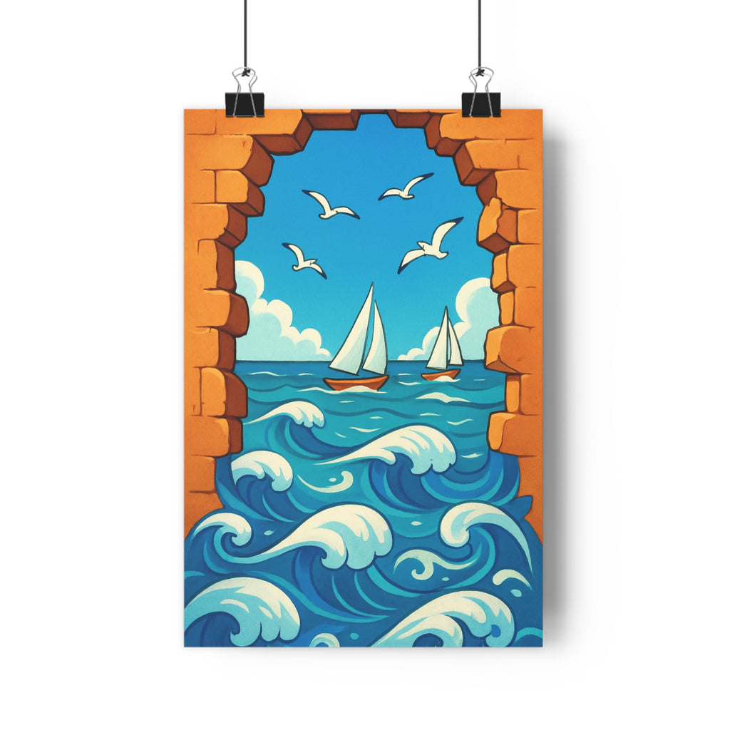 Poster décoratif océan bleu blanc paisible maritime salon chambre moderne pierre élégant tendance vibrant