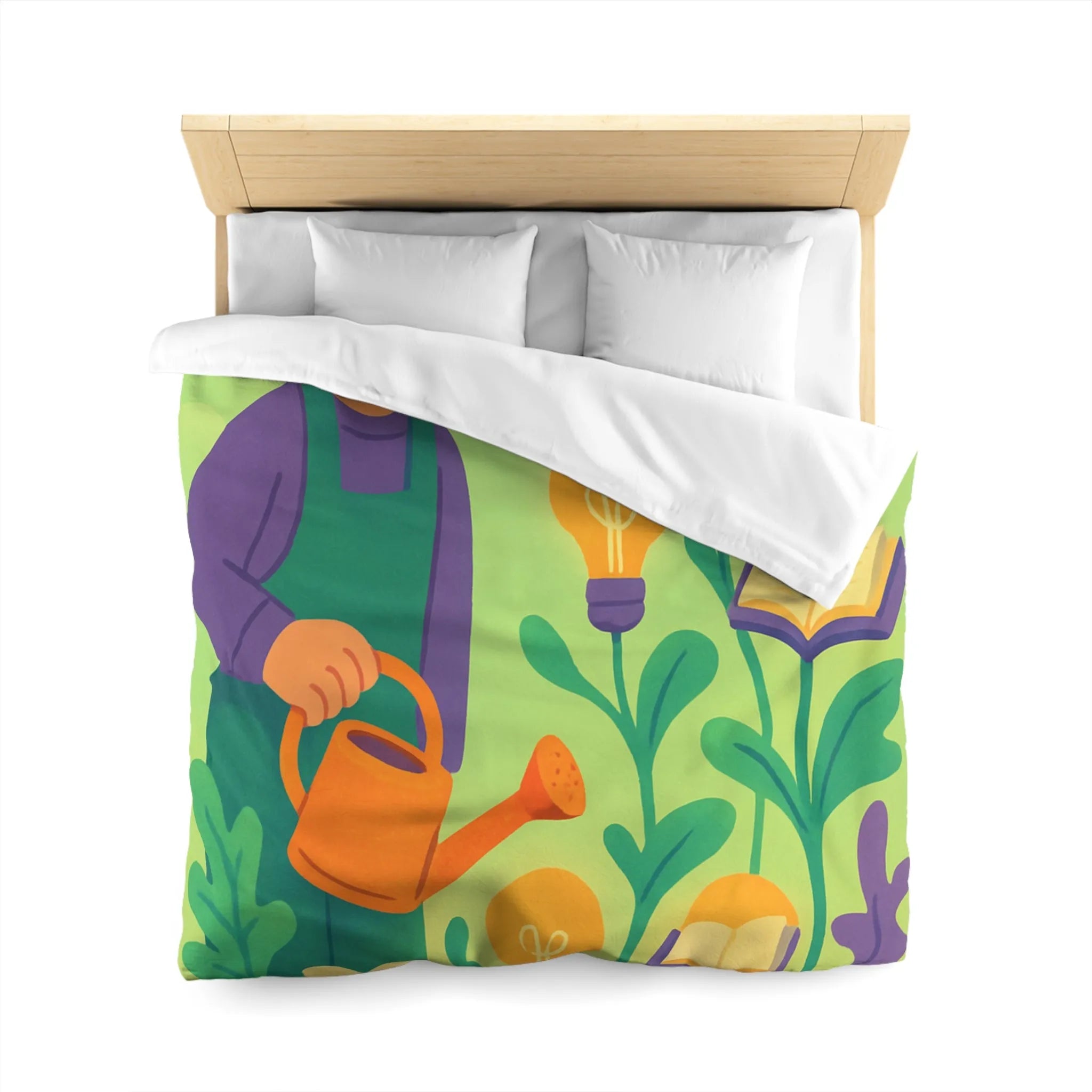 Housse de couette colorée avec jardinier arrosant plantes livres et ampoules