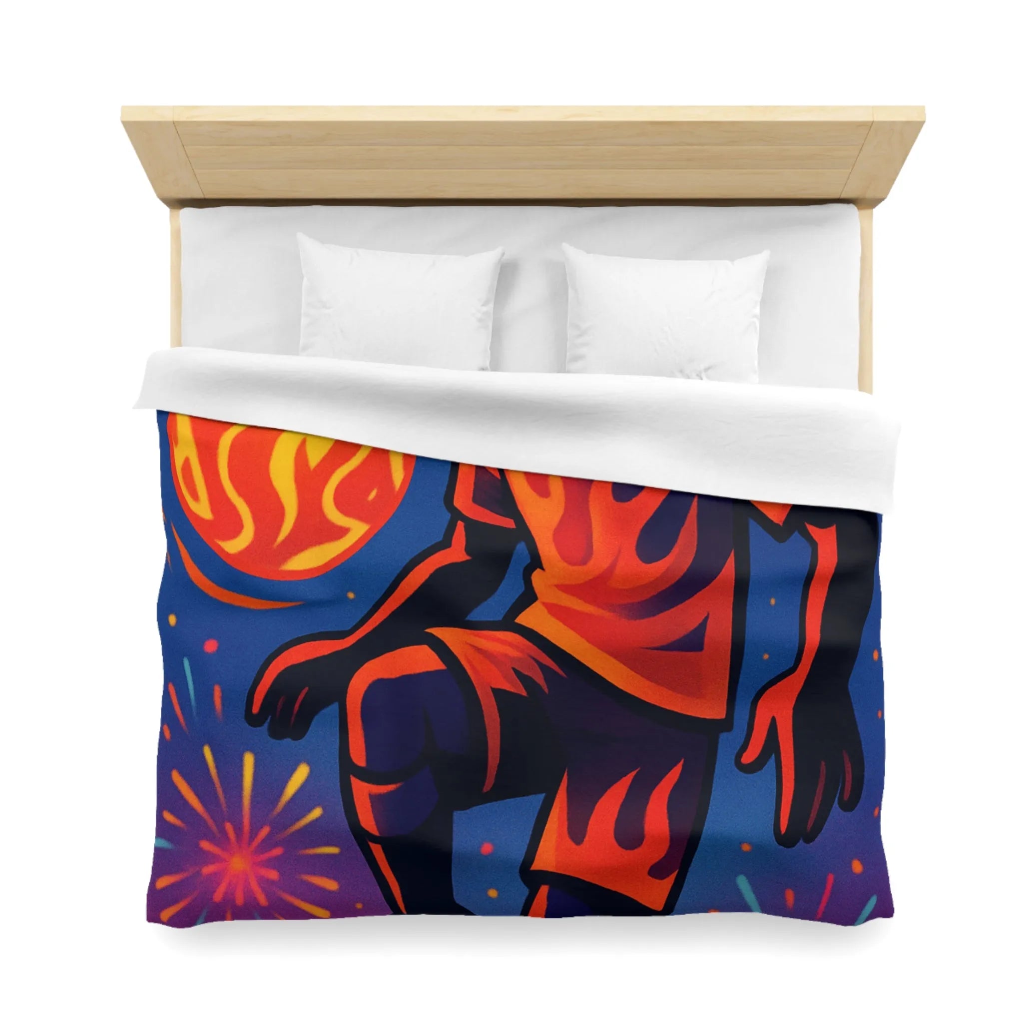 "Housse de Couette avec Joueur de Football en Feu et Feux d’Artifice Colorés"