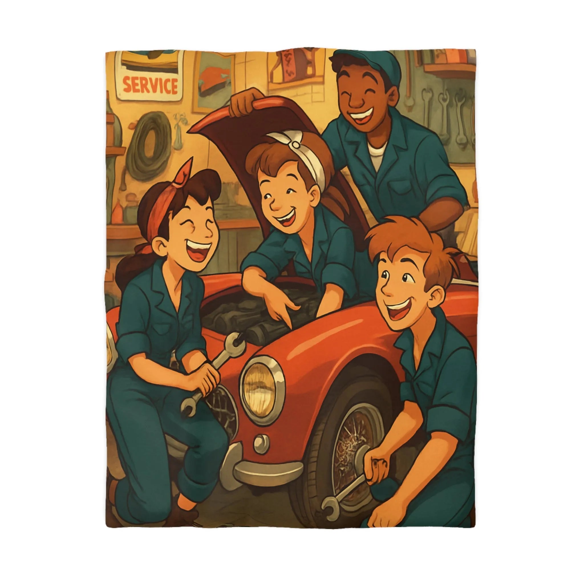 Housse de couette atelier mécanique vintage avec jeunes mécaniciens et voiture rouge joyeuse