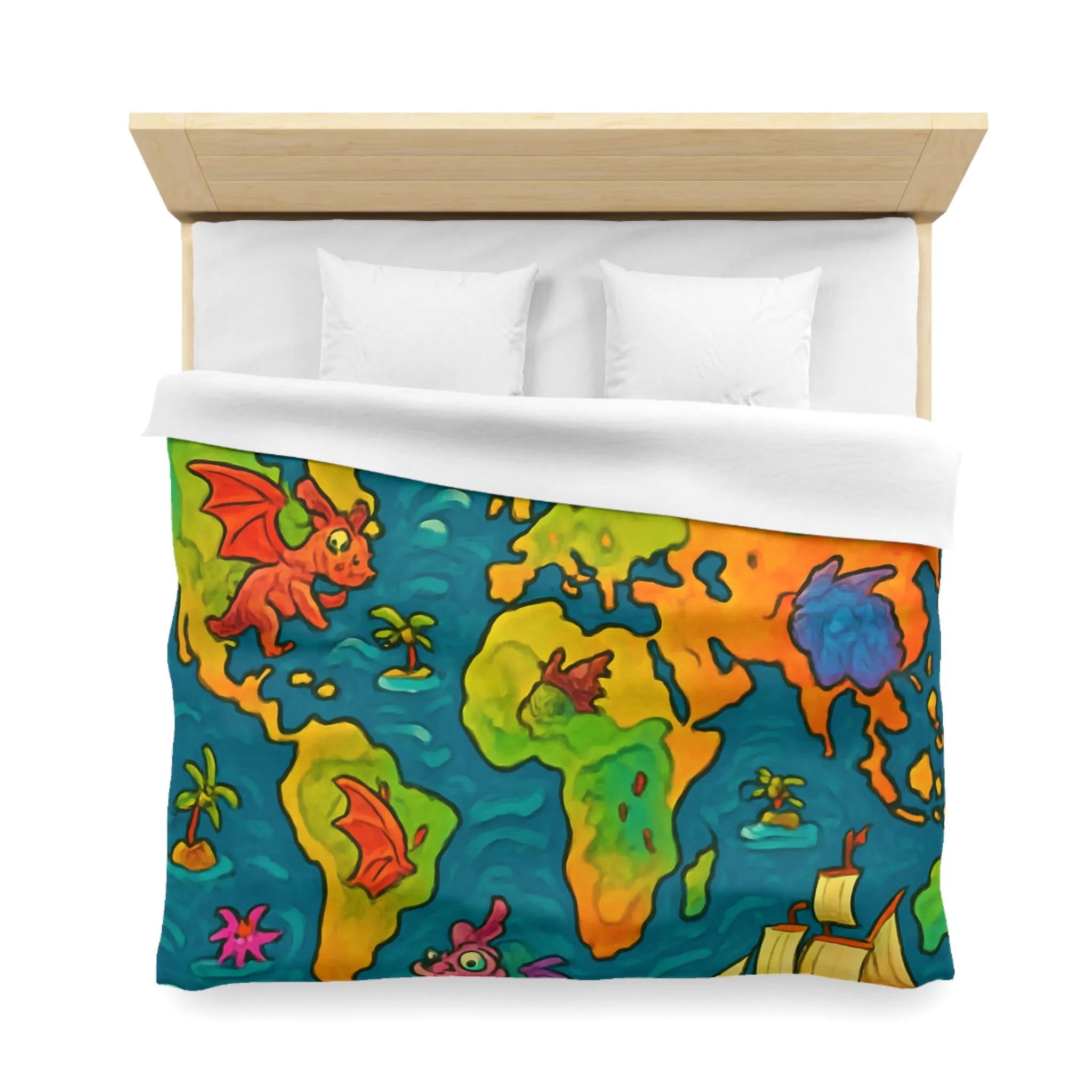 Housse de couette carte monde fantastique avec dragons et bateaux pour enfant