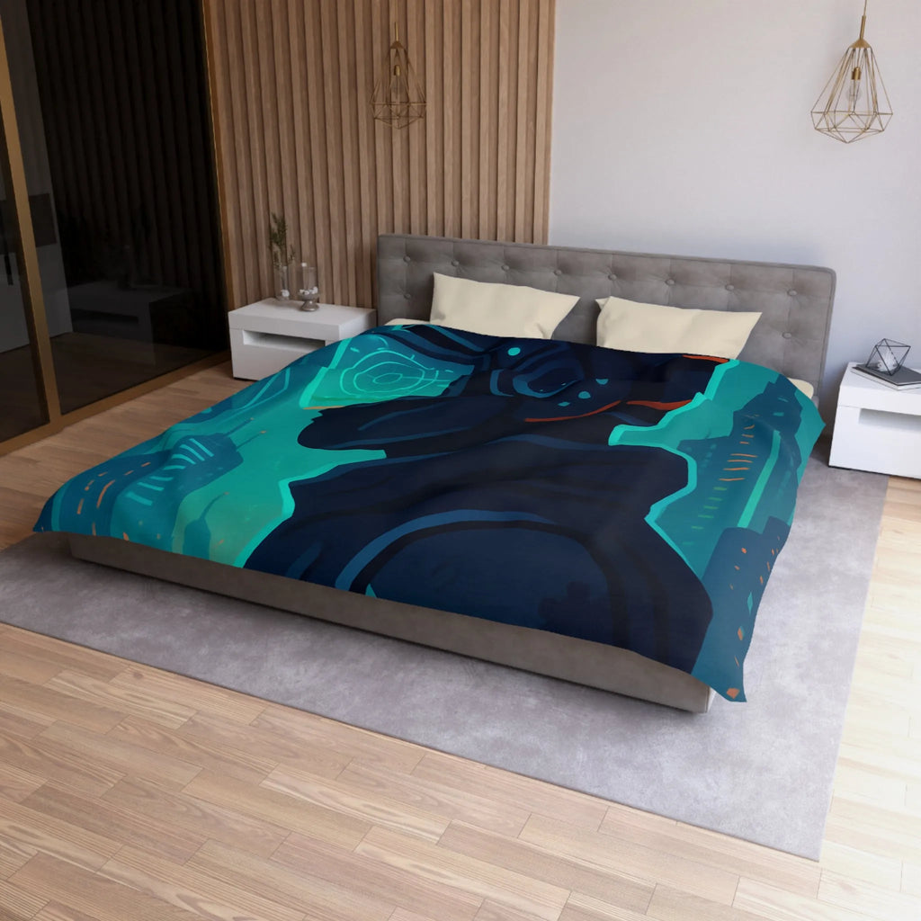 Housse de couette futuriste avec casque de réalité virtuelle et gratte-ciels lumineux