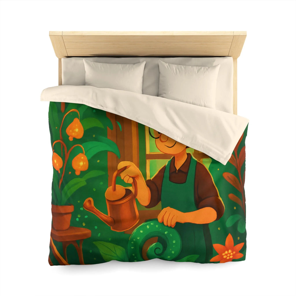 Housse de couette colorée avec illustration botanique d'intérieur et personnage jardinier animé