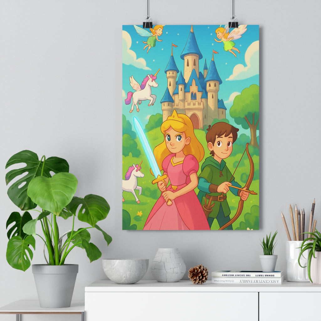 Poster décoratif féerique pastel bleu rose conte magique enfant chambre princesse château aventure archer