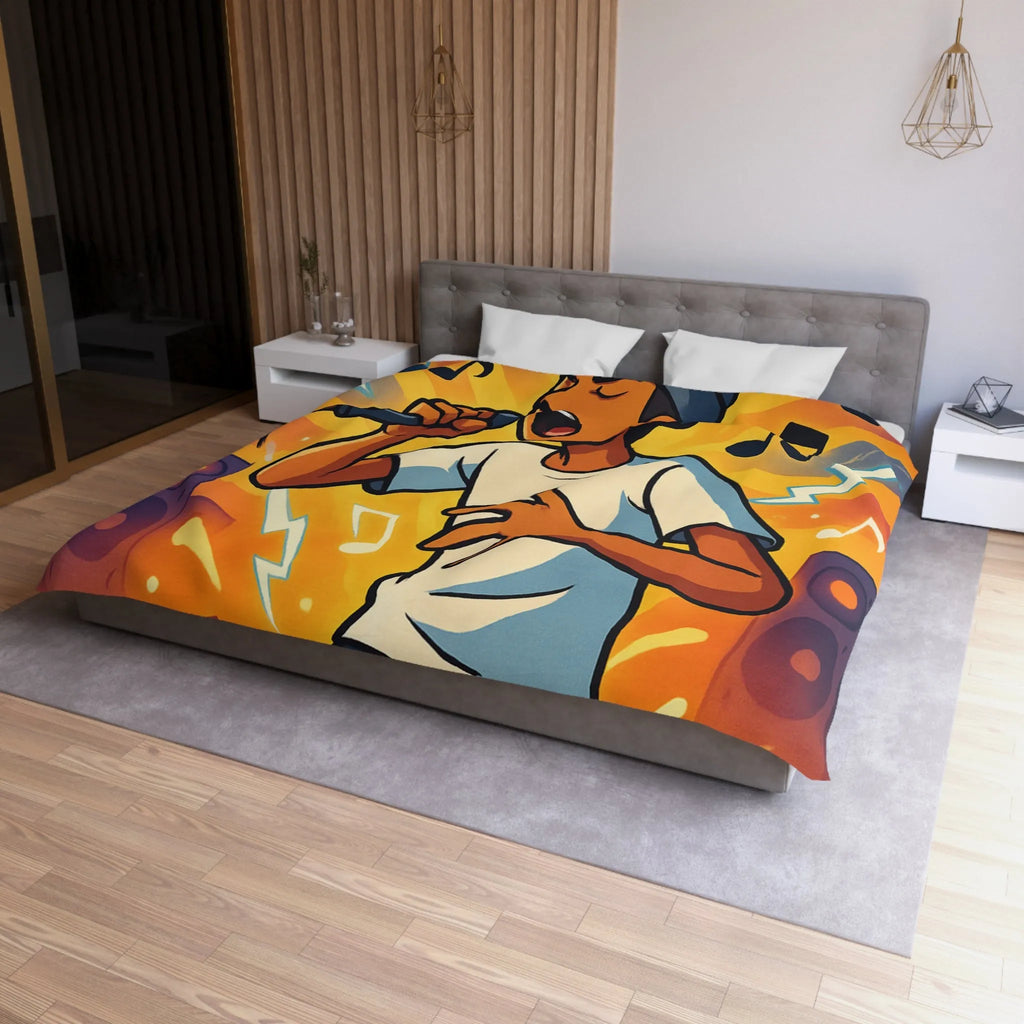 Housse de couette ambiance concert urbain avec chanteur et éclairs musicaux colorés