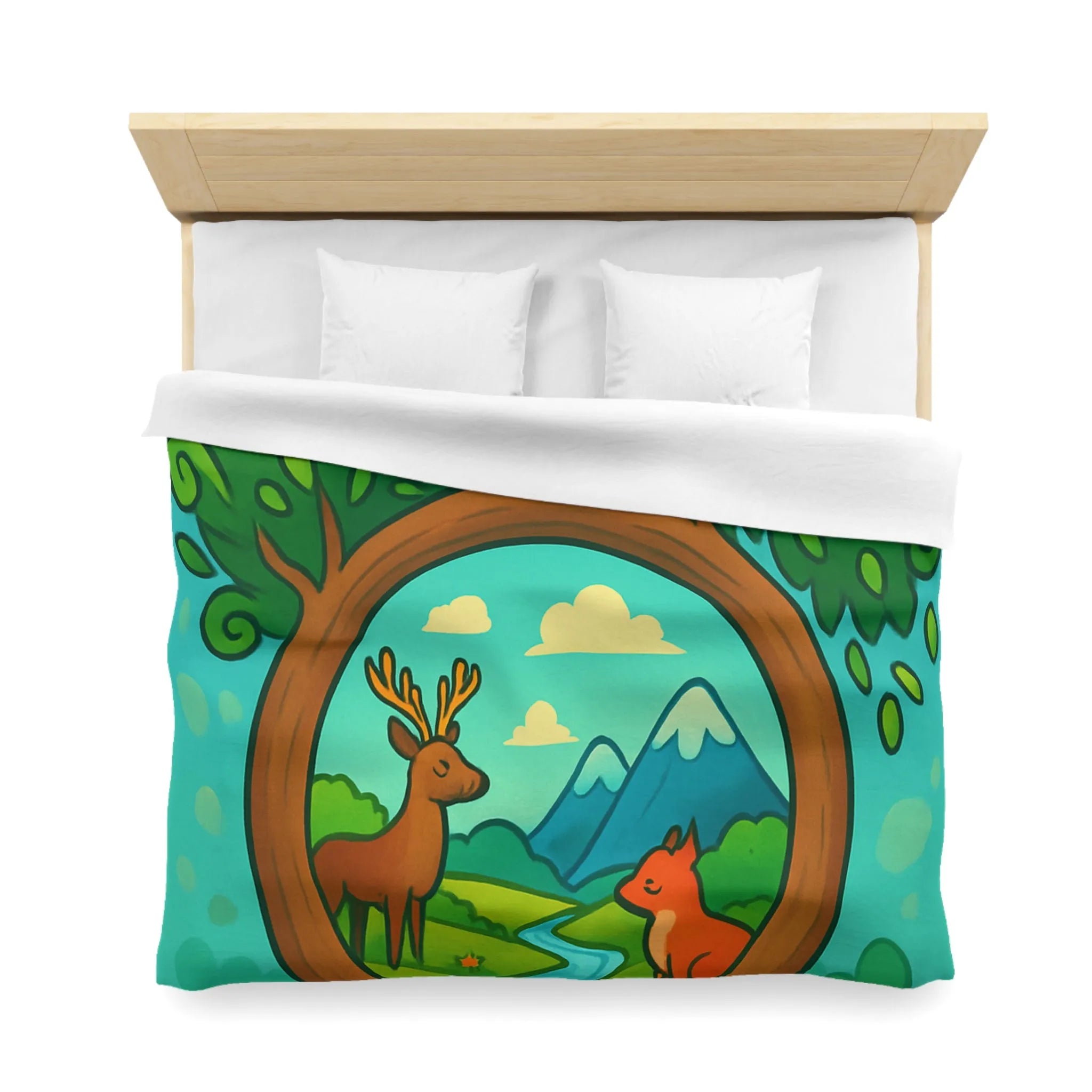 Housse de couette forêt magique avec cerf et renard, design nature peint à la main