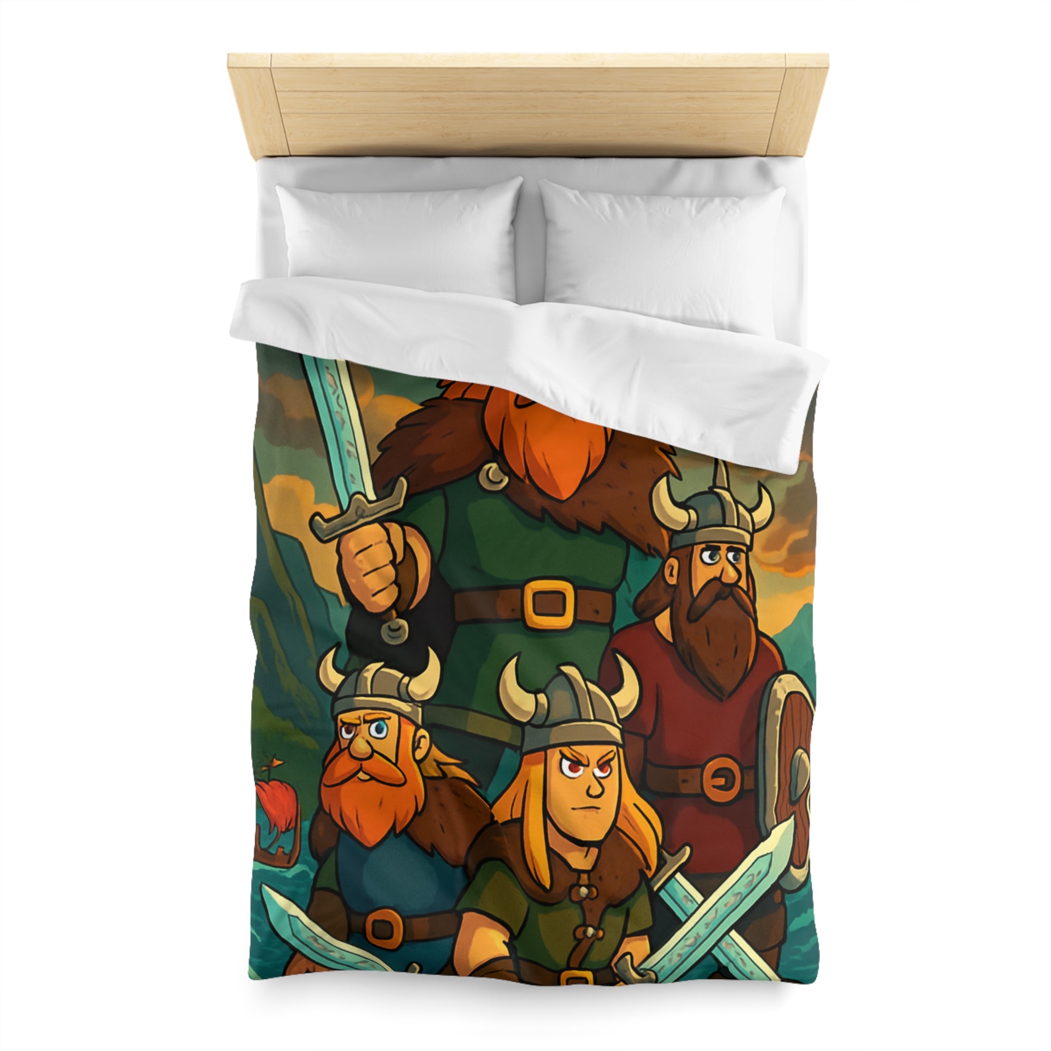 Housse de couette viking épique avec des guerriers et paysage dramatique