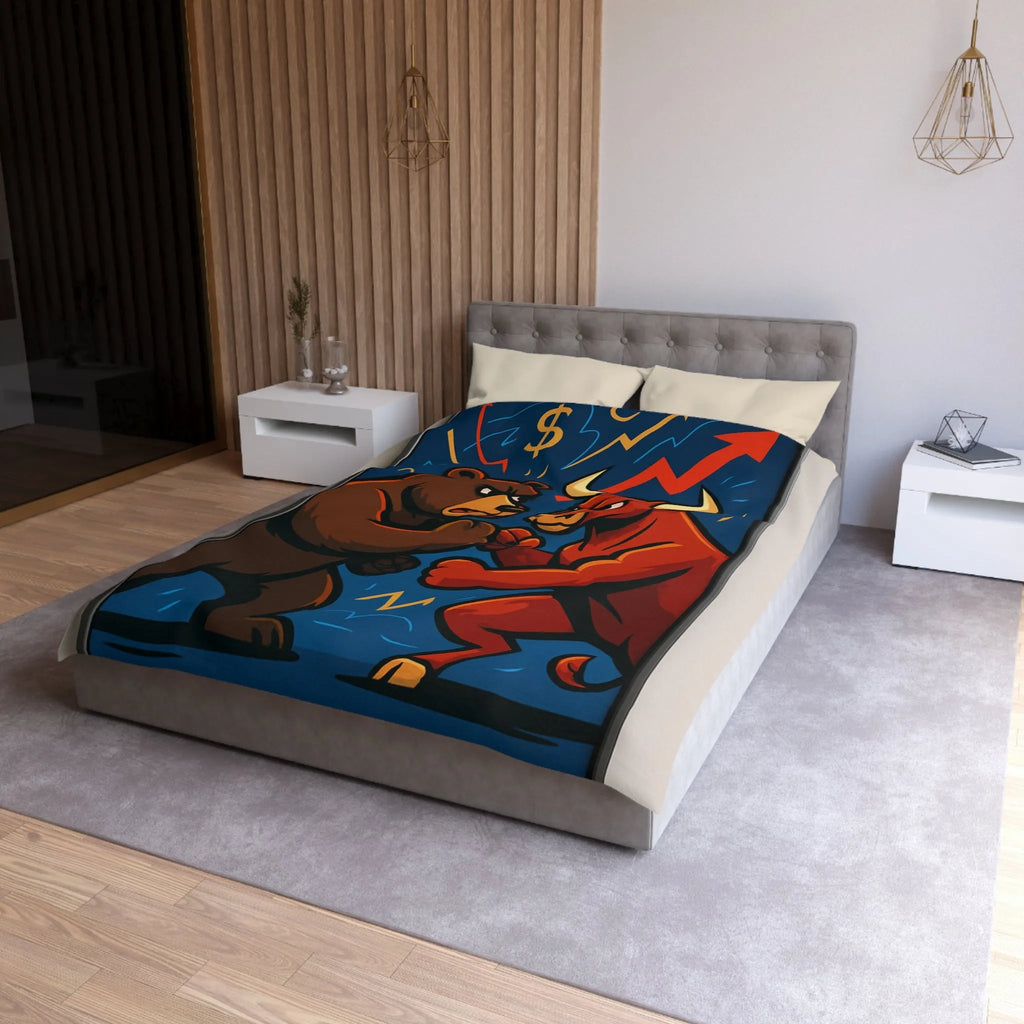 Housse de couette avec motif taureau et ours symbolisant les tendances du marché boursier