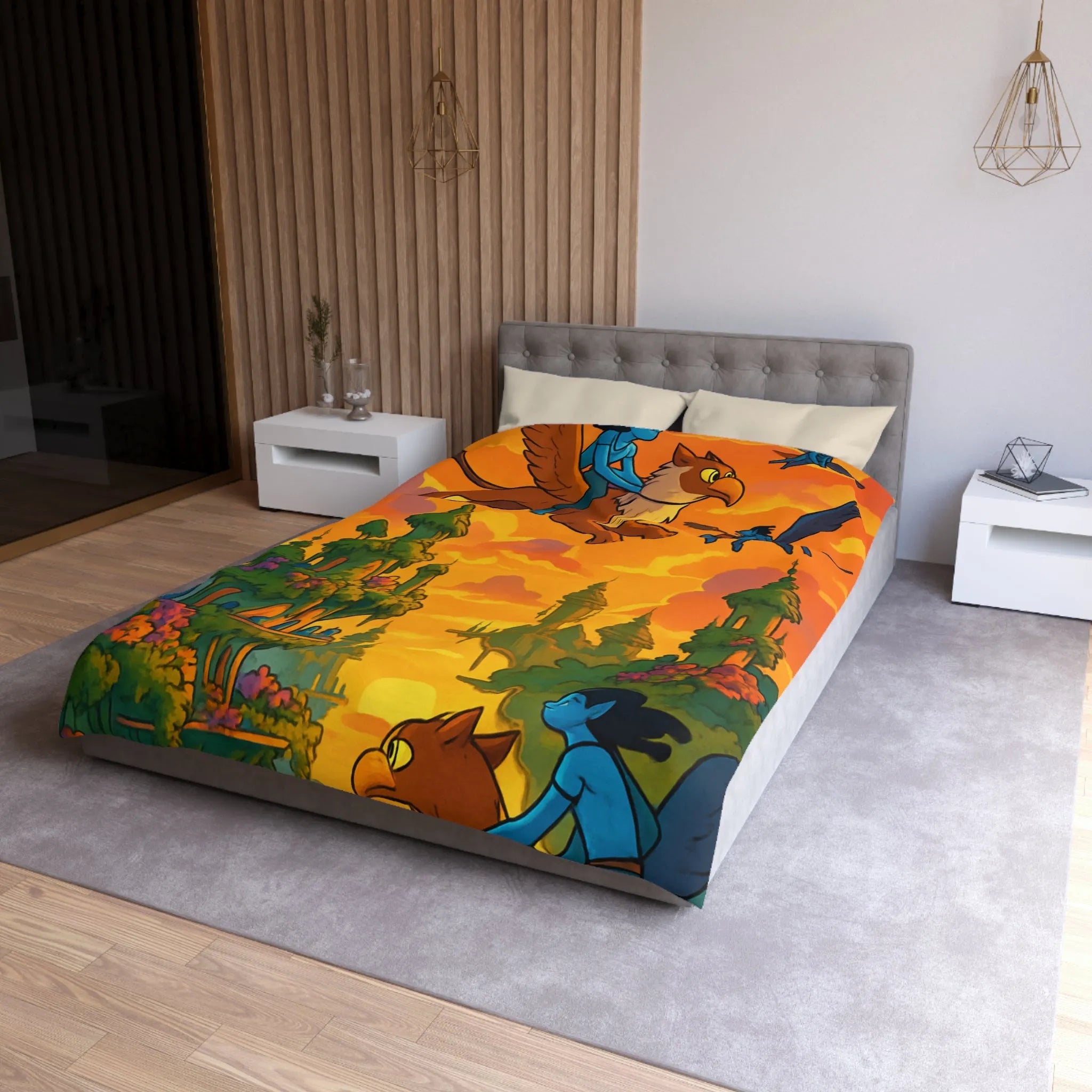 Housse de couette magique avec créatures volantes et paysage fantastique au coucher du soleil