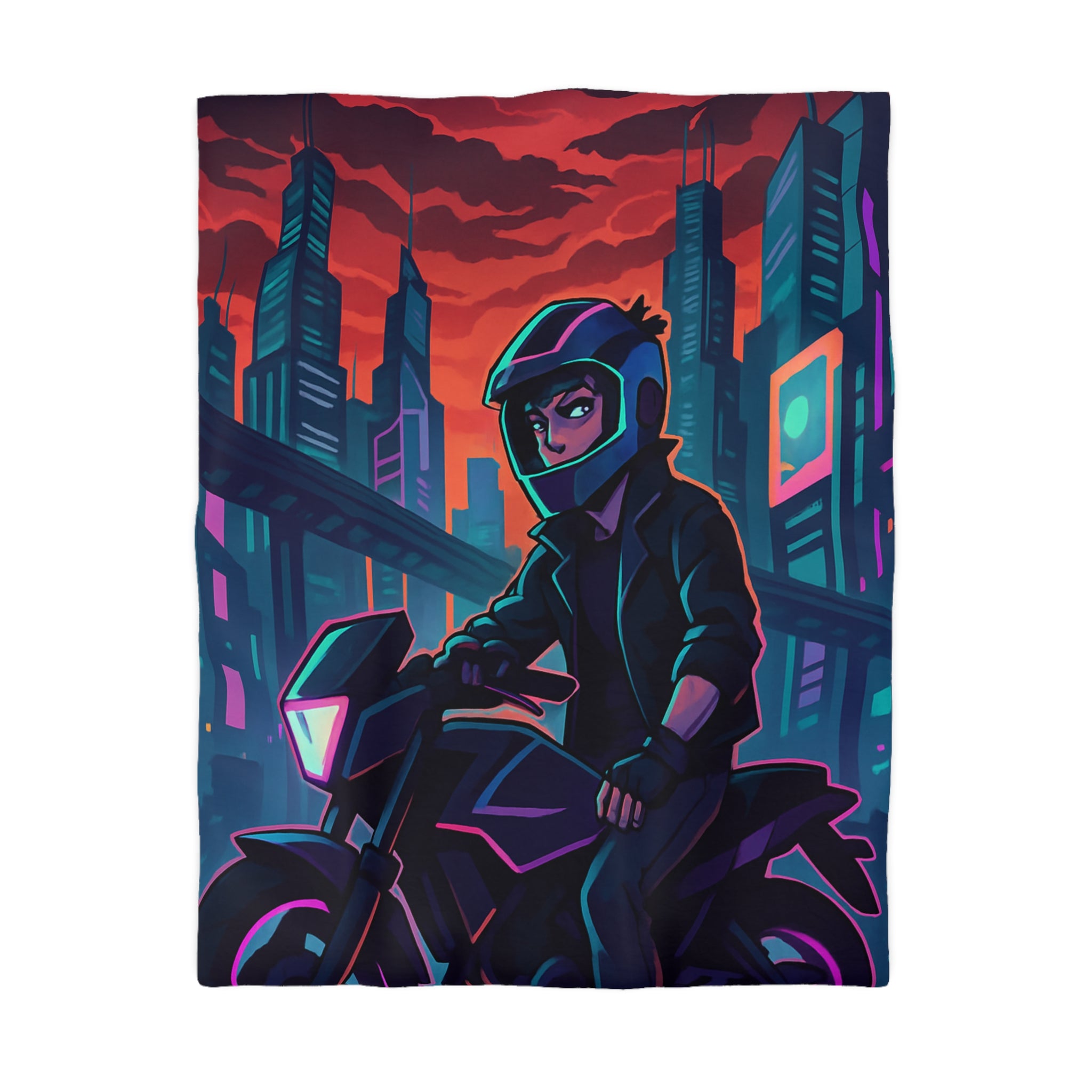 Housse de couette urbaine avec motard futuriste dans une ville de néons colorés