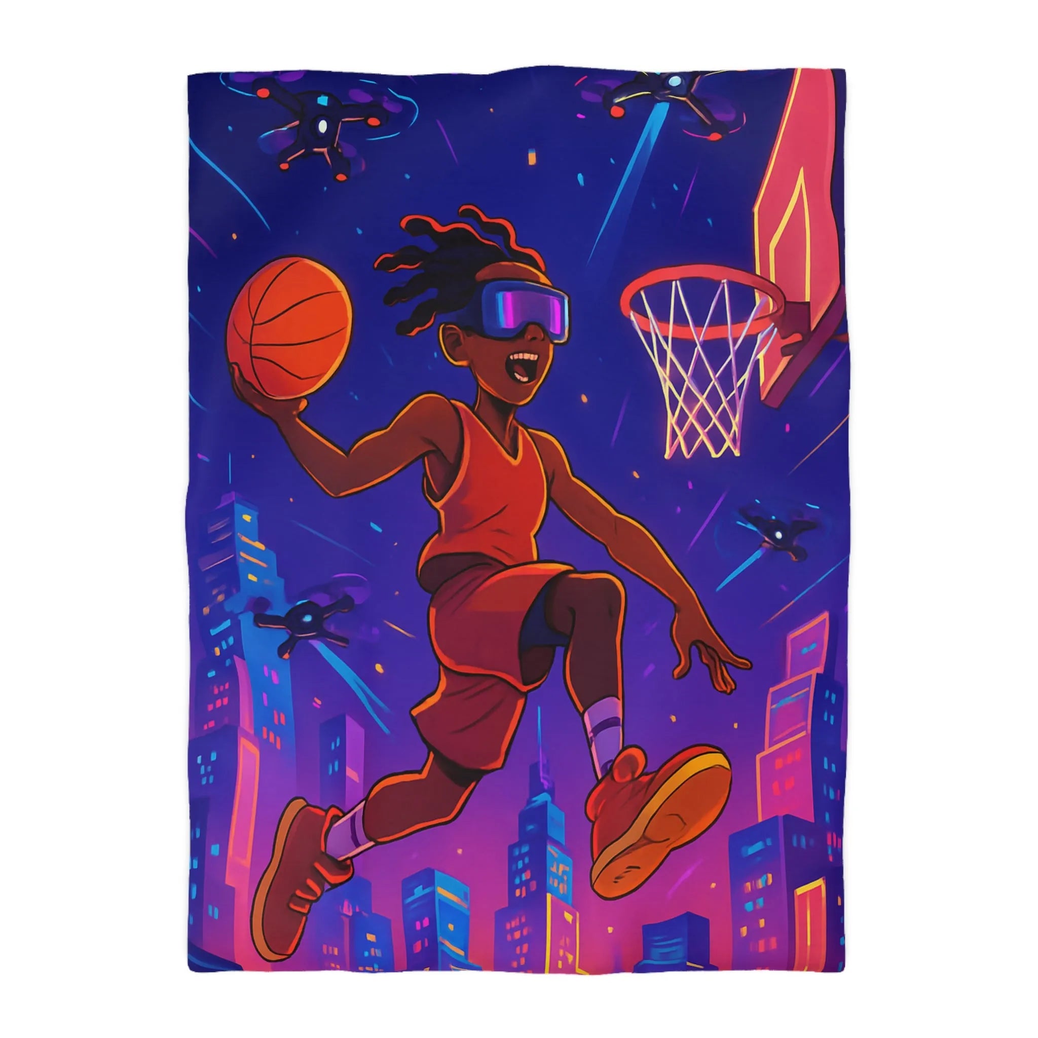 Housse de couette colorée avec joueur de basket futuriste volant avec drones cabine urbaine