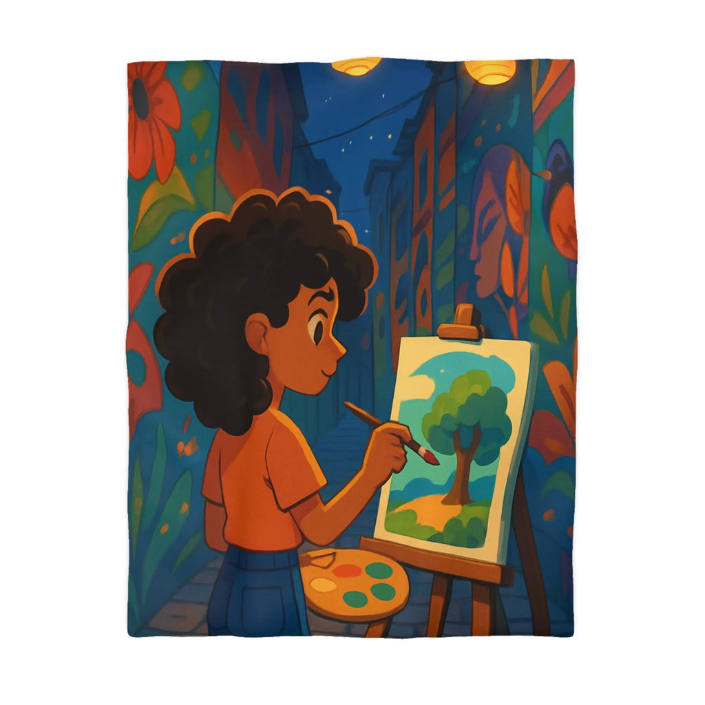 Housse de couette colorée illustrant une ruelle artistique avec peinture et lanterne