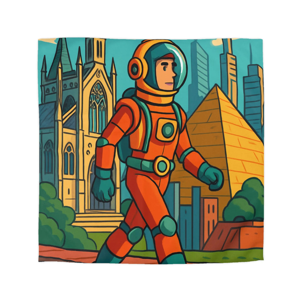 Housse de Couette Astronaute avec Paysages Urbains et Architecturaux, Couleurs Vives et Design Moderne