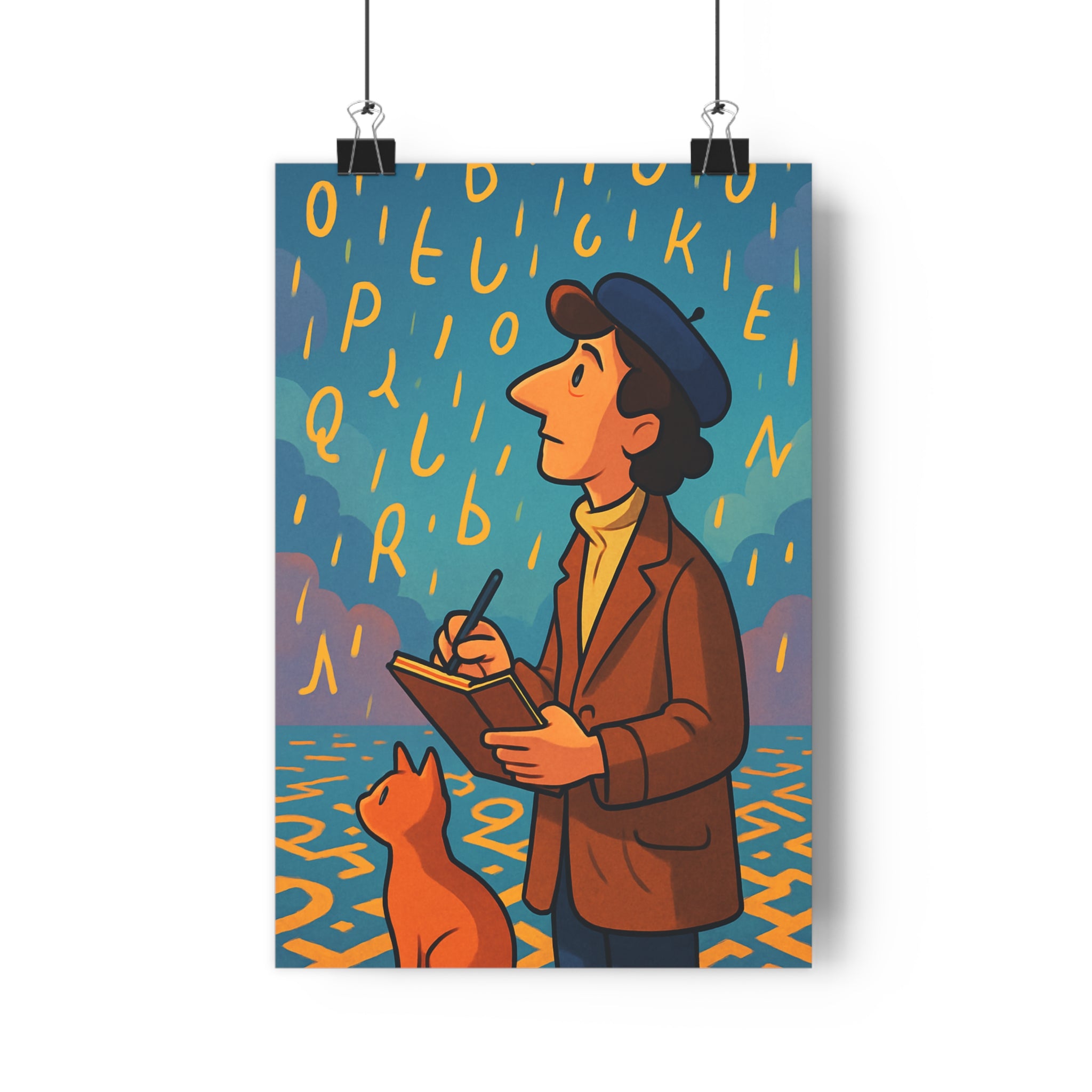 Poster décoratif cartoon jaune orange créatif ludique salon bureau artistique homme chat trenchcoat qualité