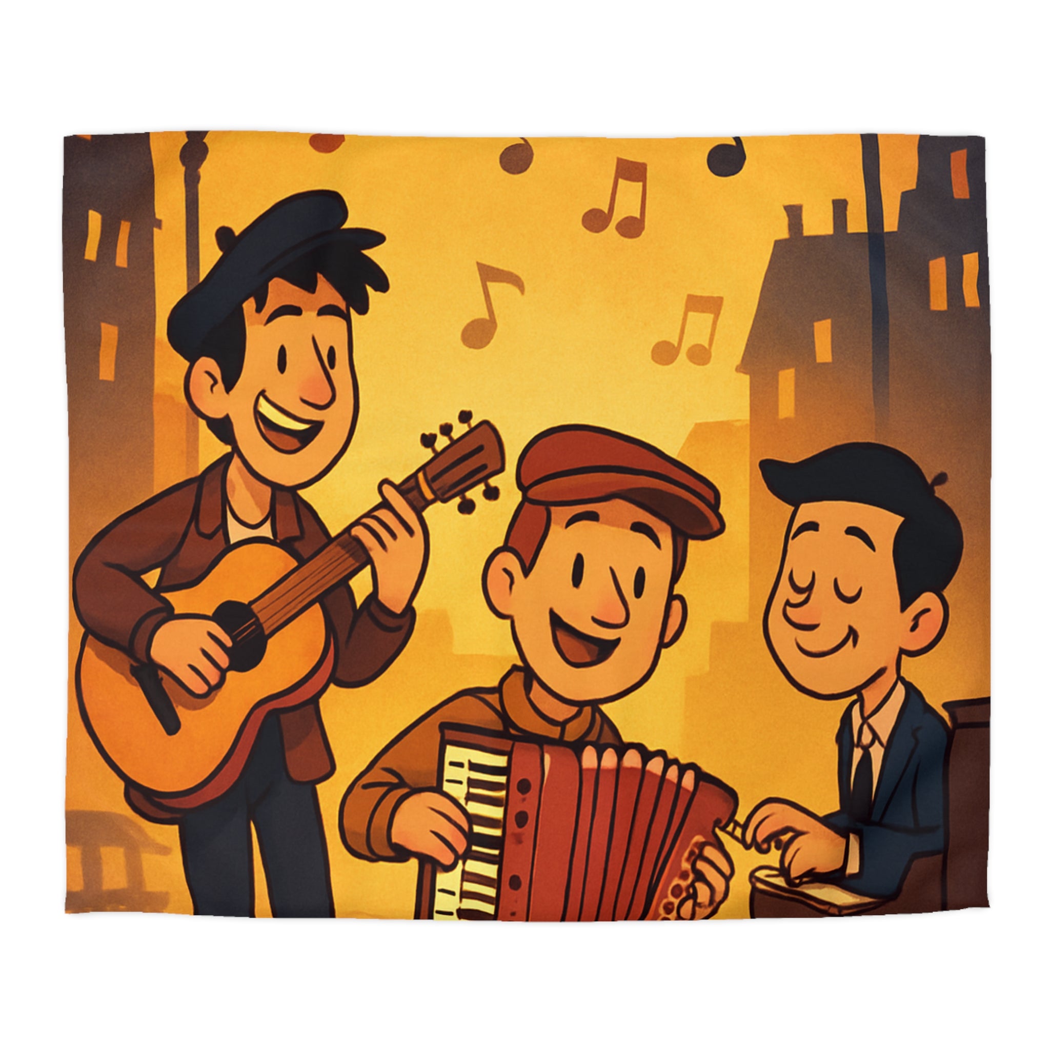 Housse de couette vintage ambiance musicale jazz avec trio de musiciens lumineux