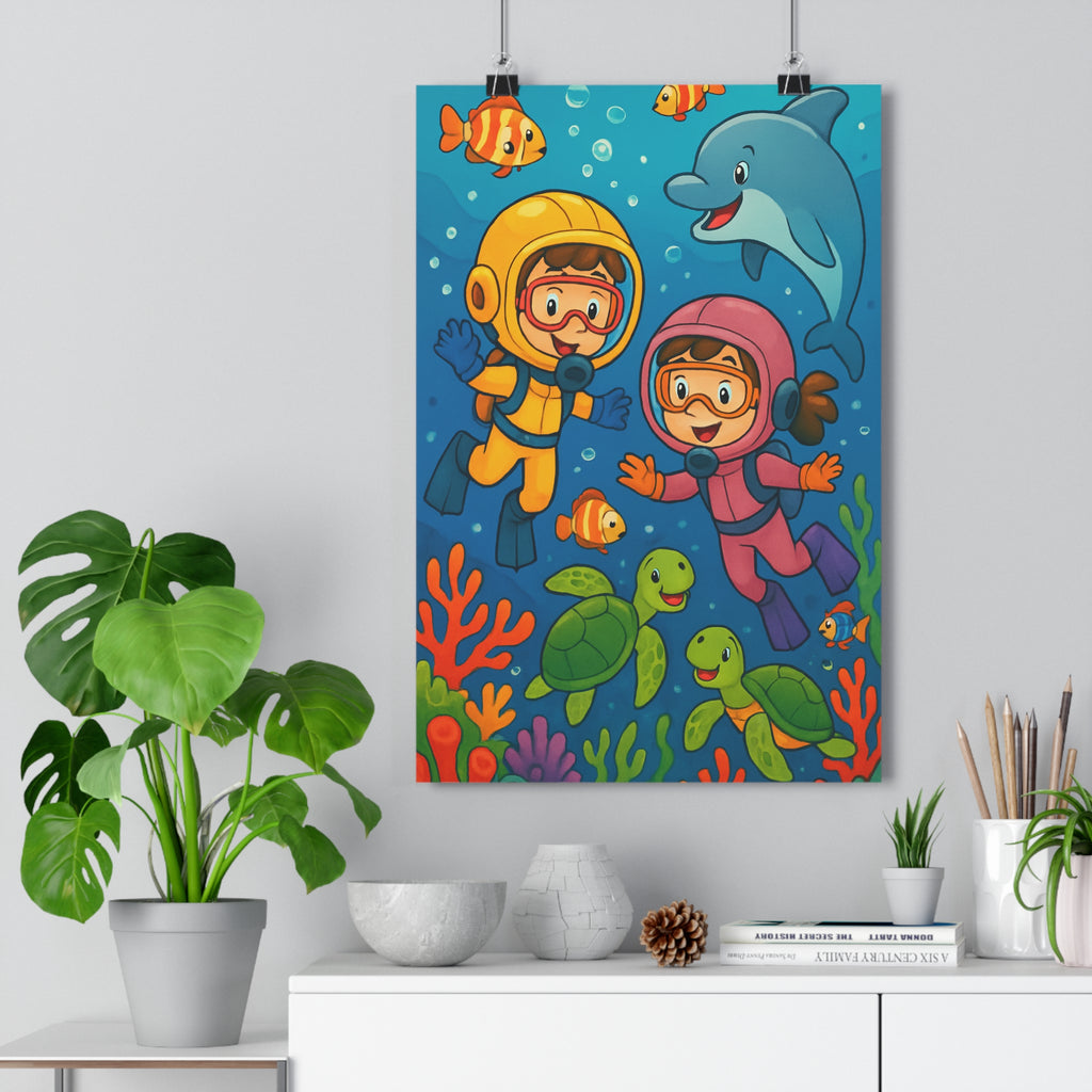 Poster décoratif cartoon coloré bleu océan aventure chambre enfant ludique poisson tortue dauphin joyeux