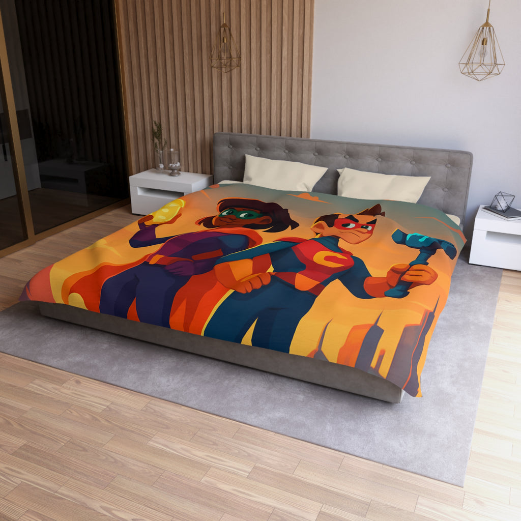 Super-héros Enfantins avec Drones dans Paysage Urbain Coloré Crépusculaire Illustré