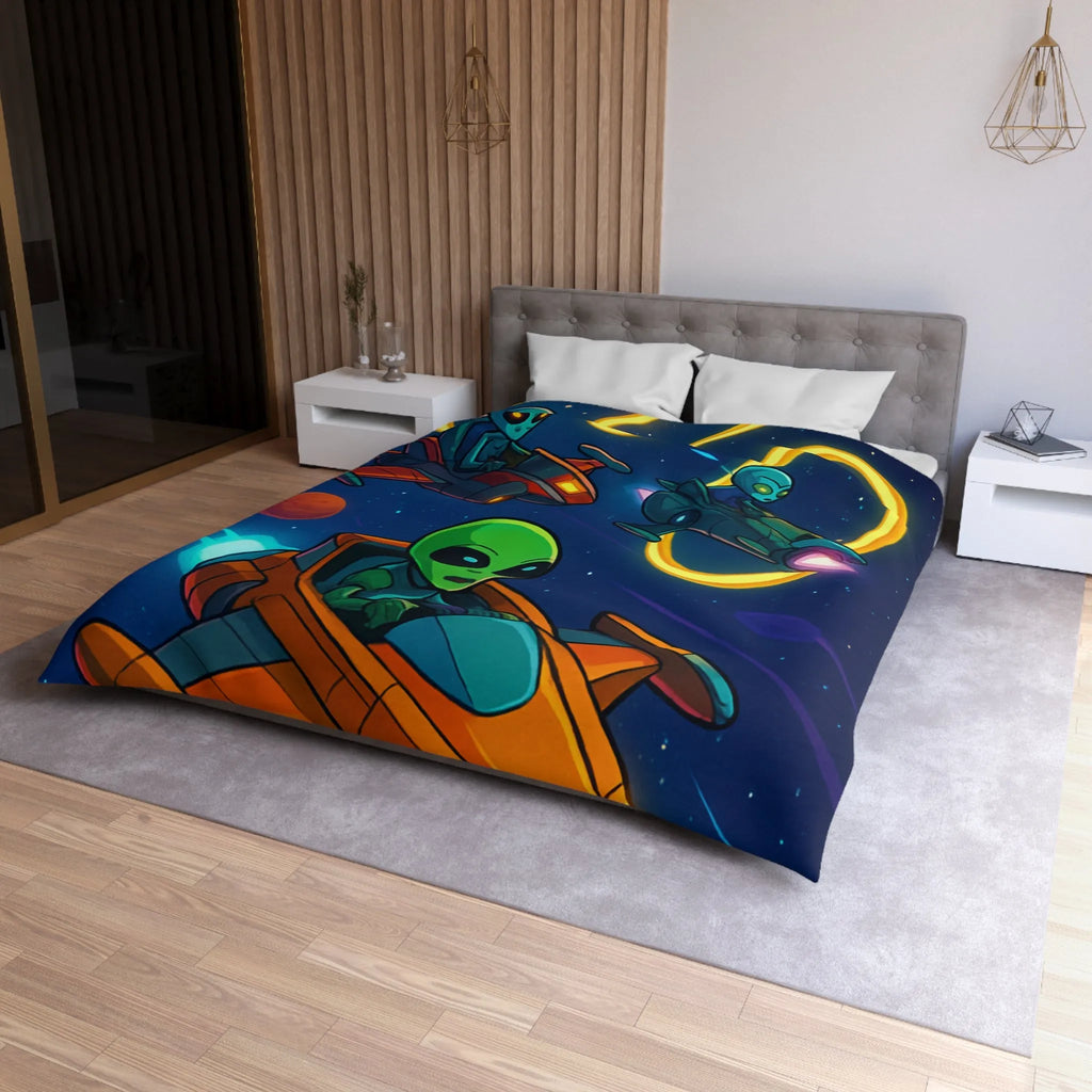 Housse de Couette avec Motifs d'Aliens en Course Spatiale et Anneaux Lumineux