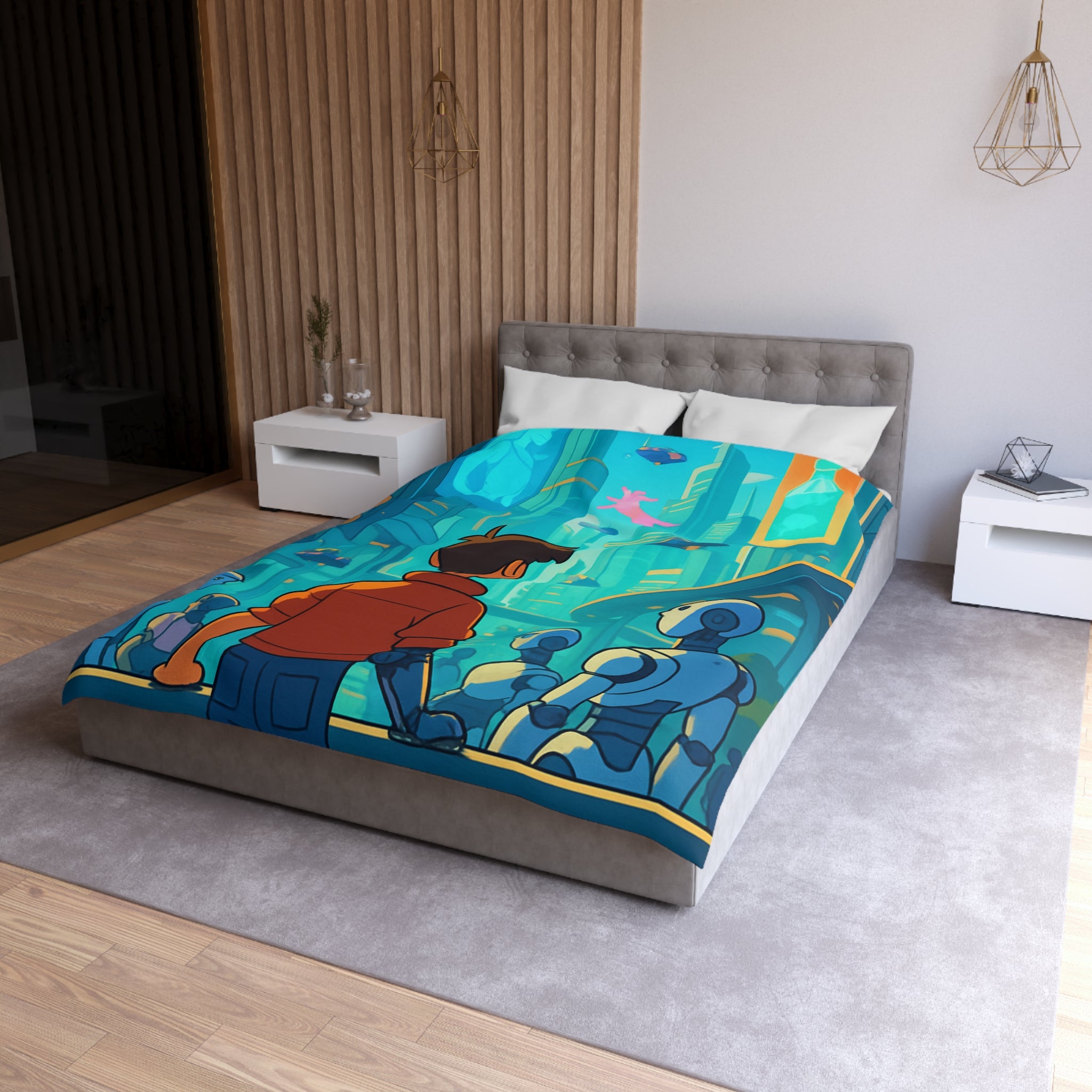 Housse de couette urbaine futuriste avec robots et affiches lumineuses pour chambre moderne