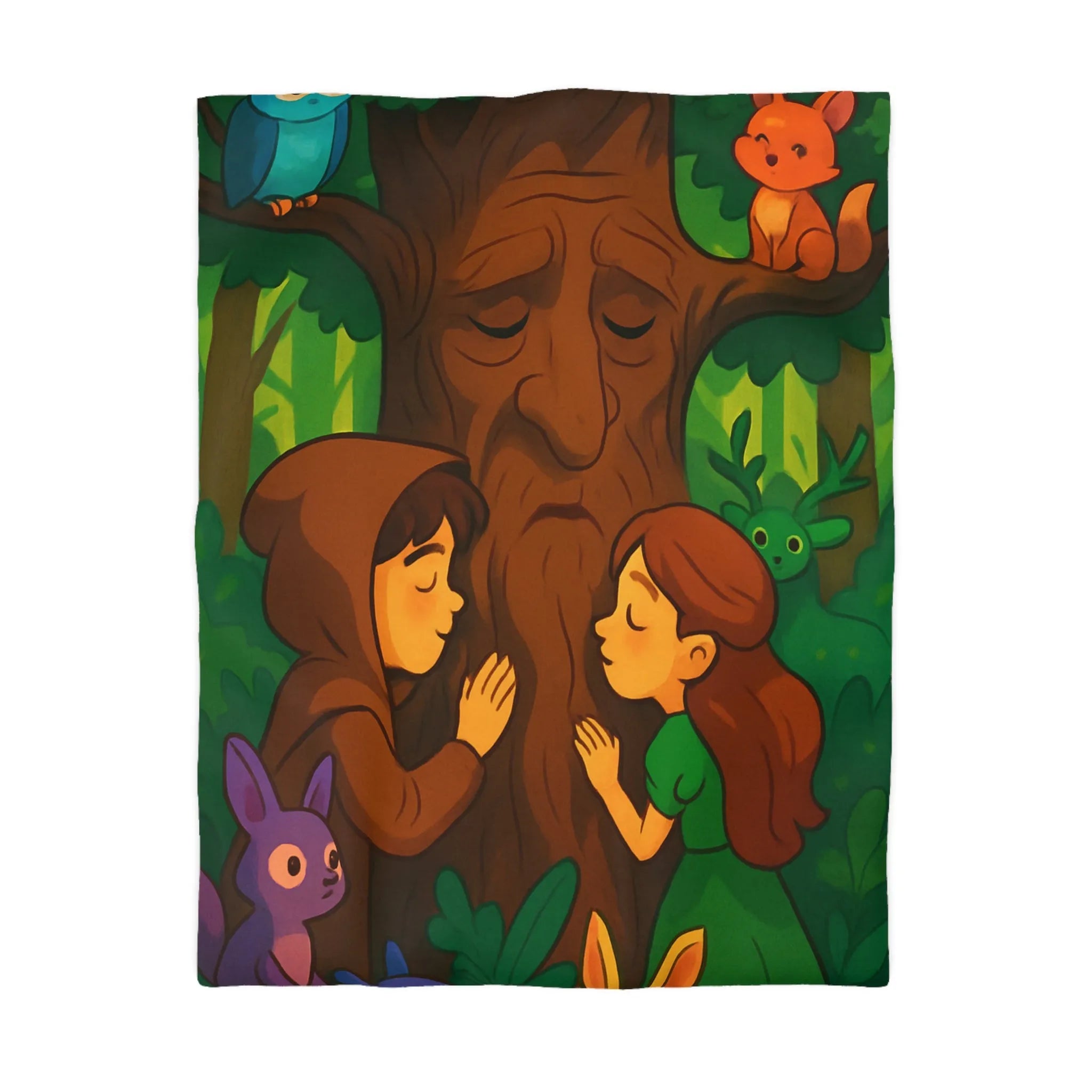 Housse de couette forêt enchantée avec animaux, arbres sages et personnages rêveurs