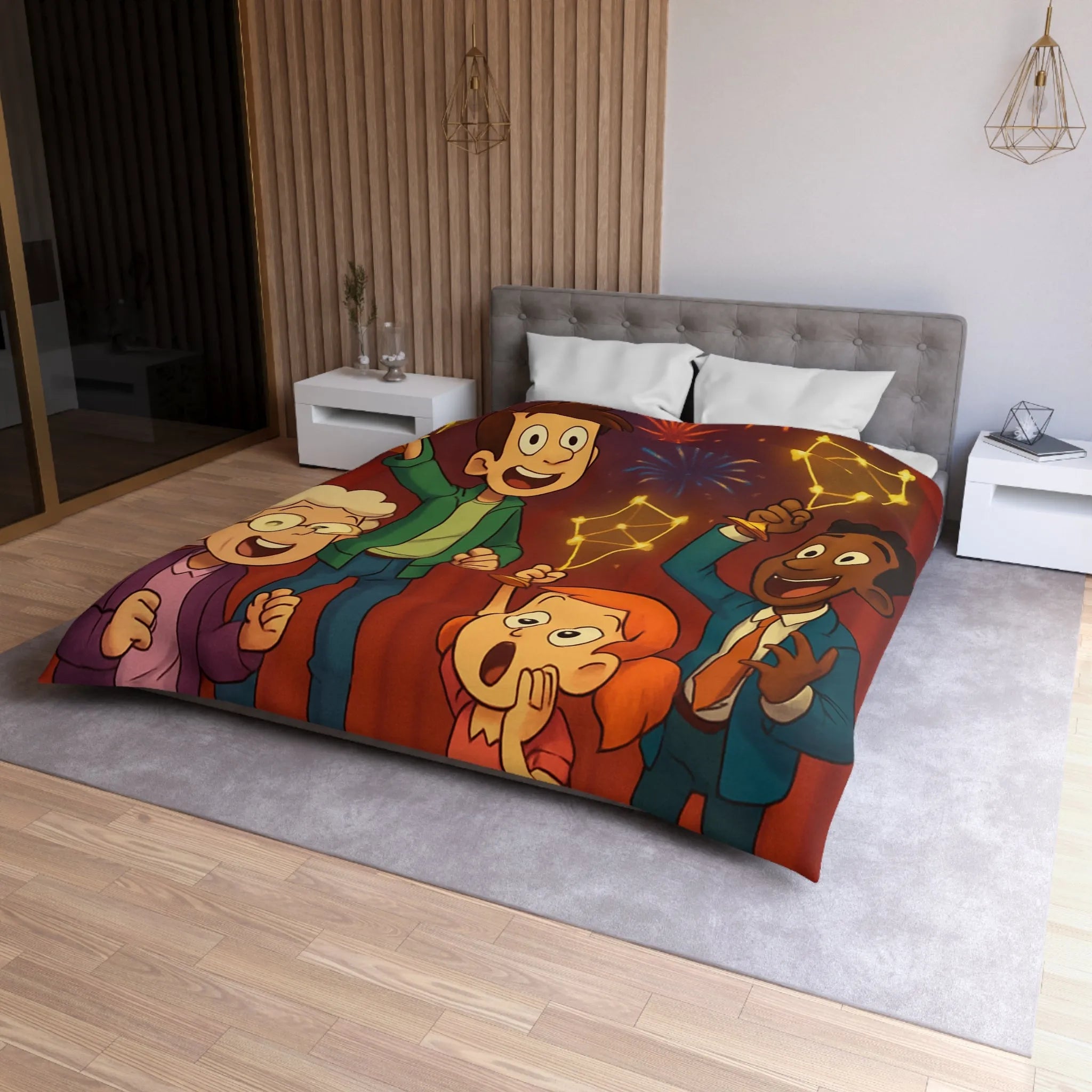 Housse de couette colorée enfants avec feux d'artifice et personnages dessin animé joyeux