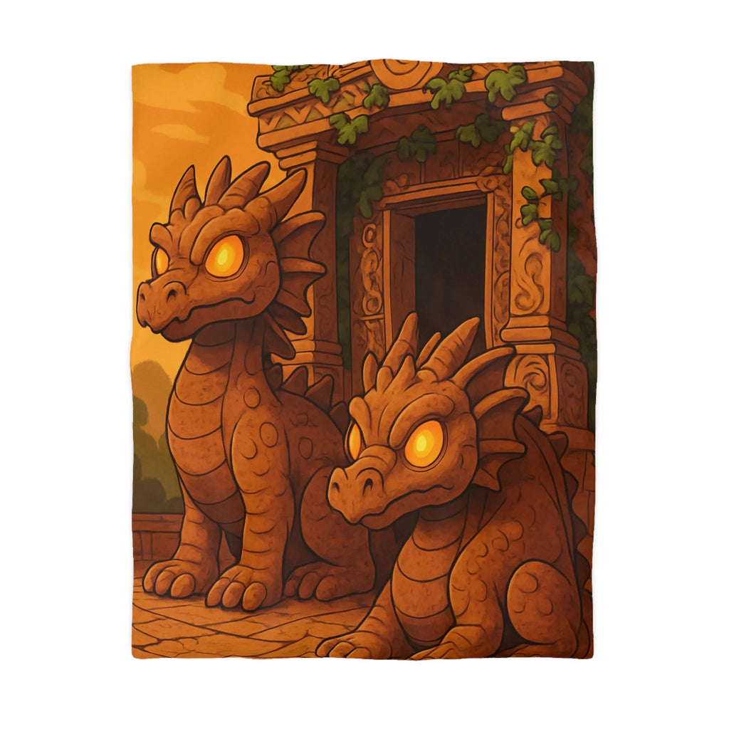 Housse de couette avec dragons en pierre ornant un temple ancien au crépuscule