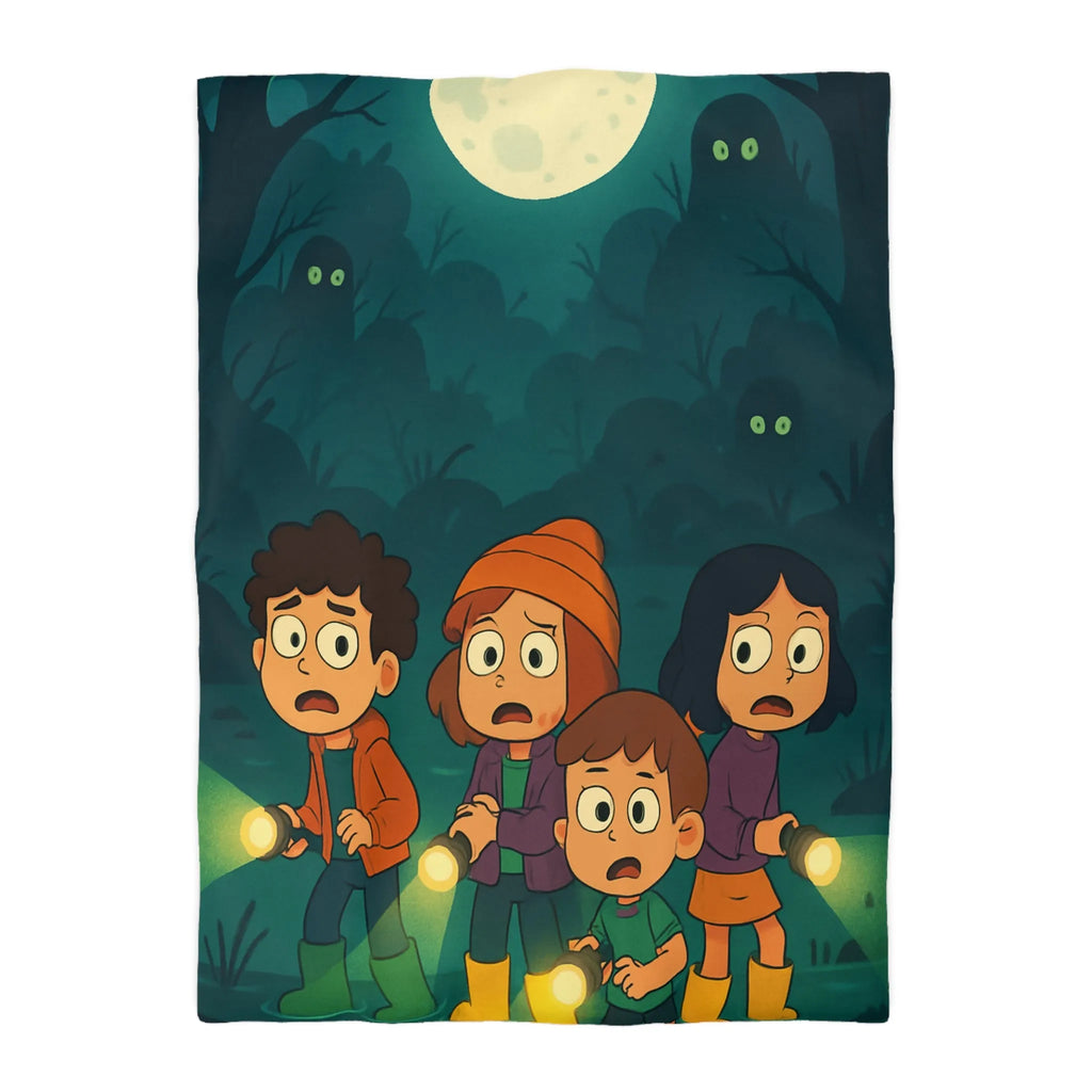 Housse de couette illustrée avec enfants explorant forêt mystérieuse par nuit de pleine lune