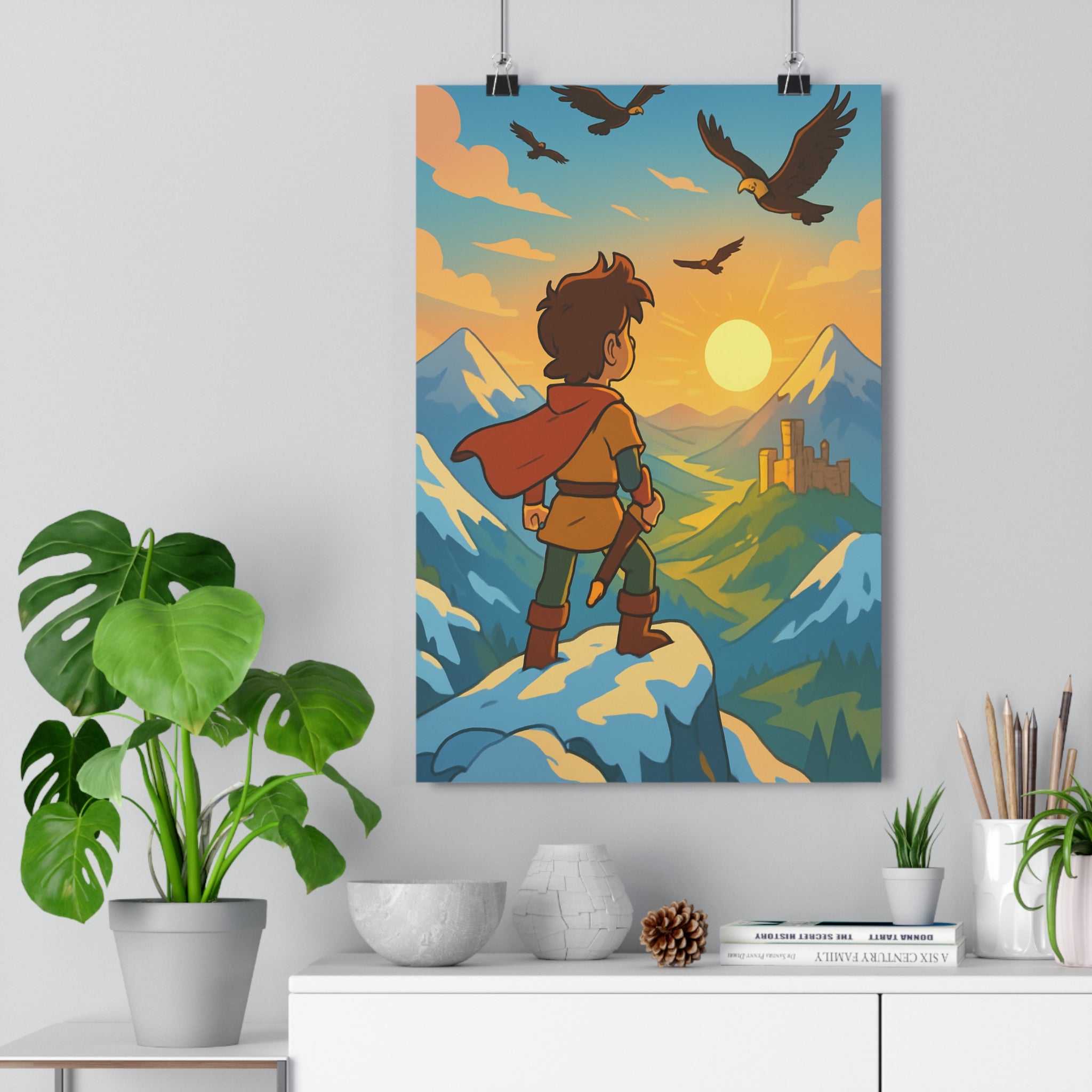 Poster décoratif panorama montagne bleu orange aventure inspirant salon chambre moderne majestueux qualité premium