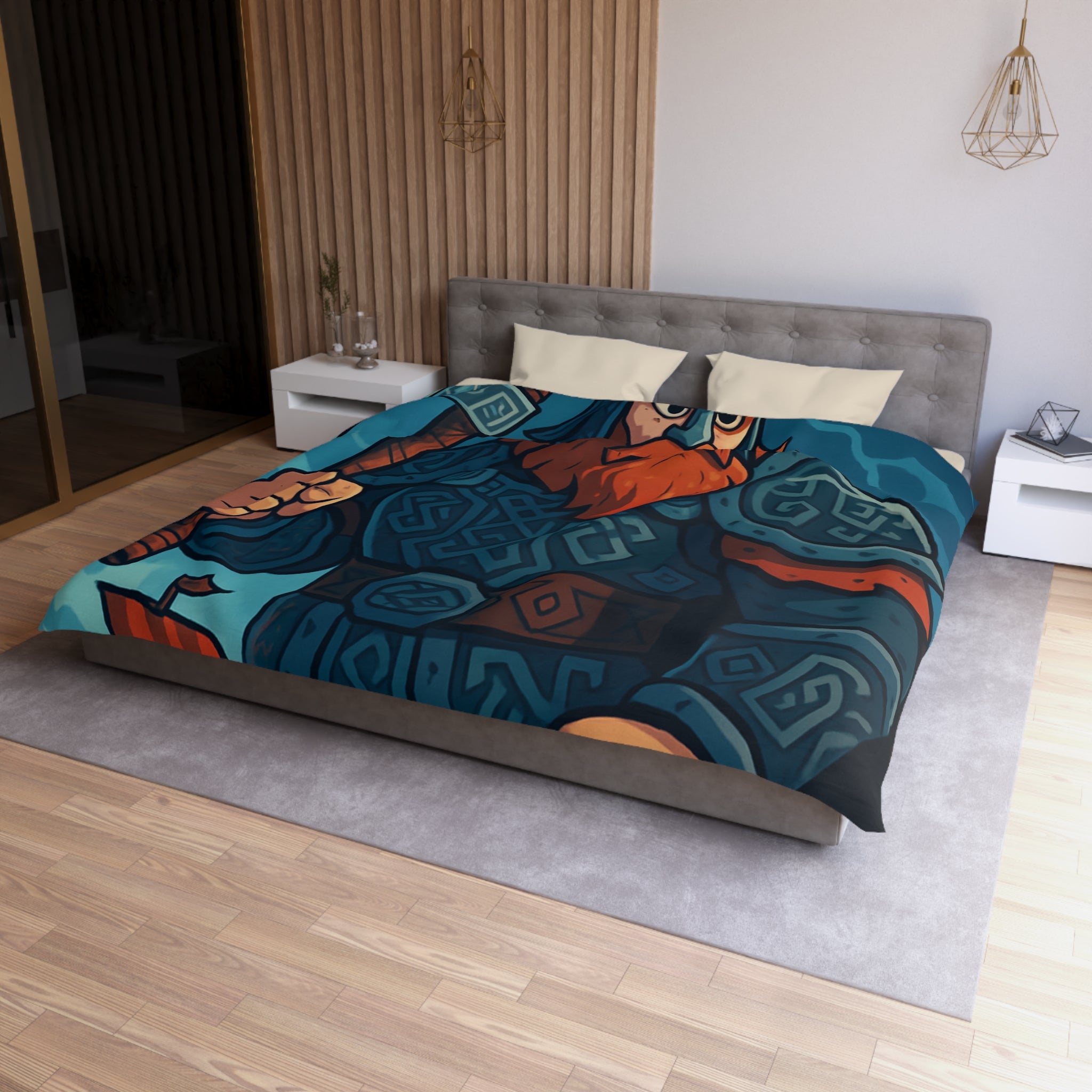 Housse de Couette Viking Illustrée avec Guerrier et Drakkar sur Fond Océan Tempétueux