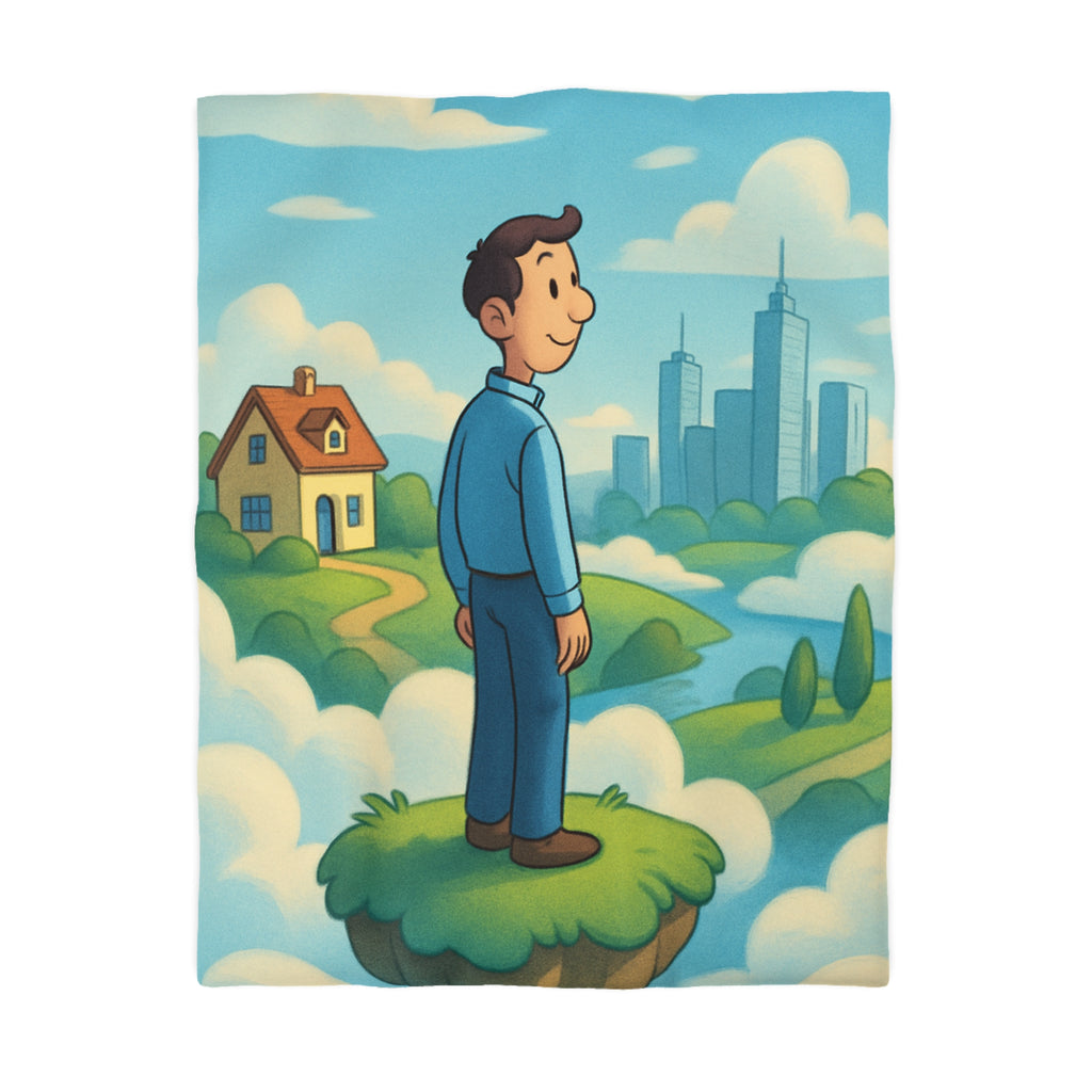 Illustration de rêve serein de paysage flottant avec personnage et ville éloignée