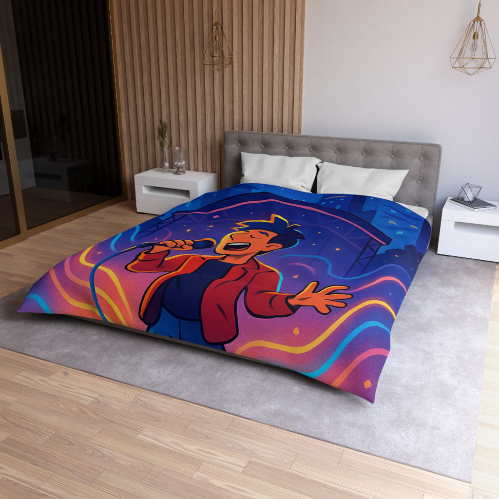 Housse de couette scène vibrante de concert nocturne avec chanteur et couleurs éclatantes