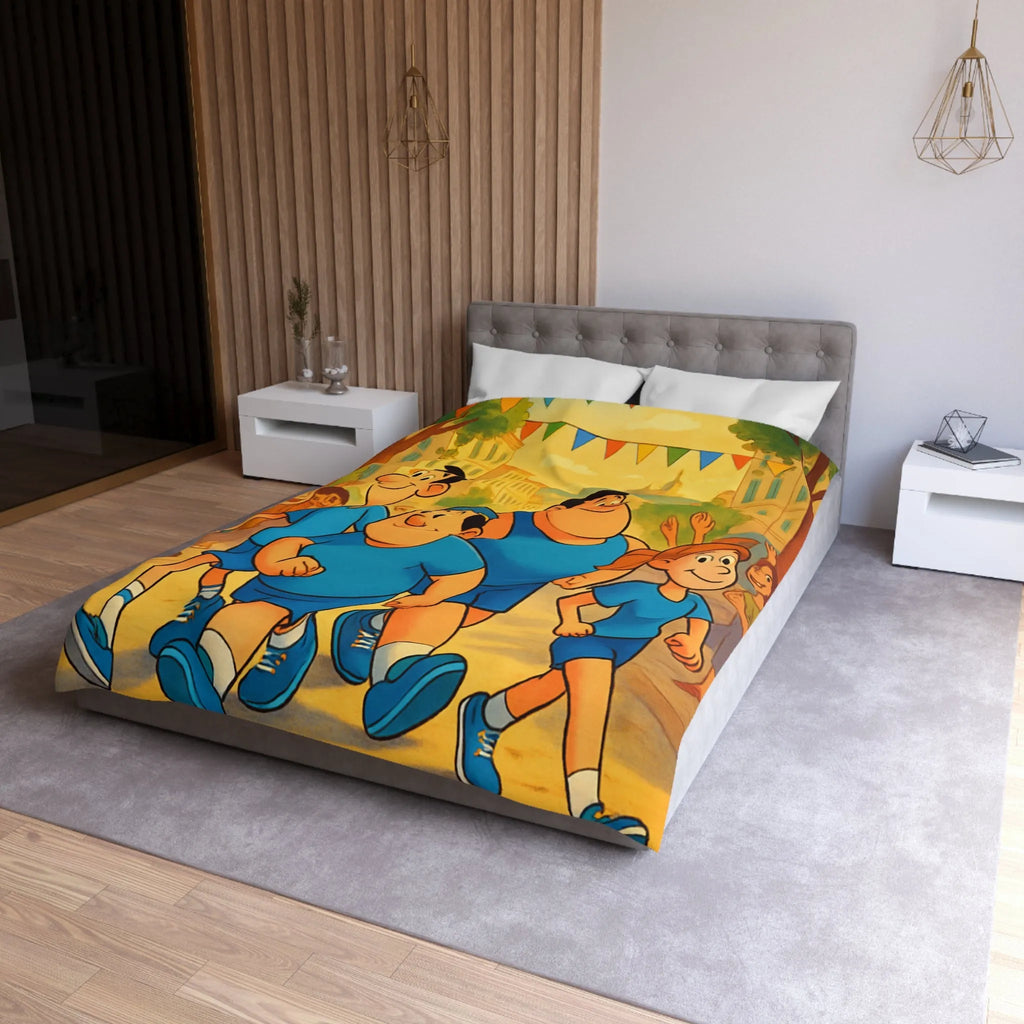 Housse de couette colorée avec personnages marchant joyeusement dans une rue animée