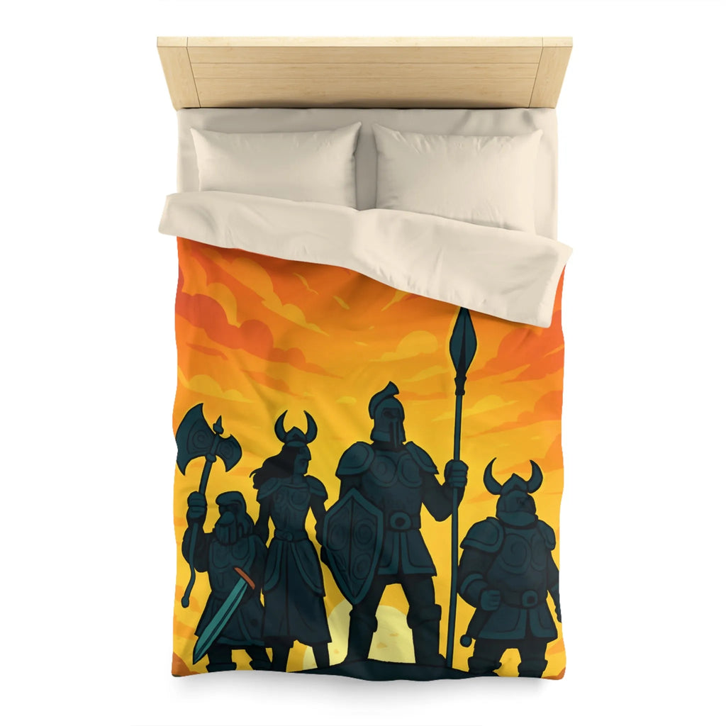 Housse de couette épique avec guerriers sous ciel flamboyant pour décoration médiévale