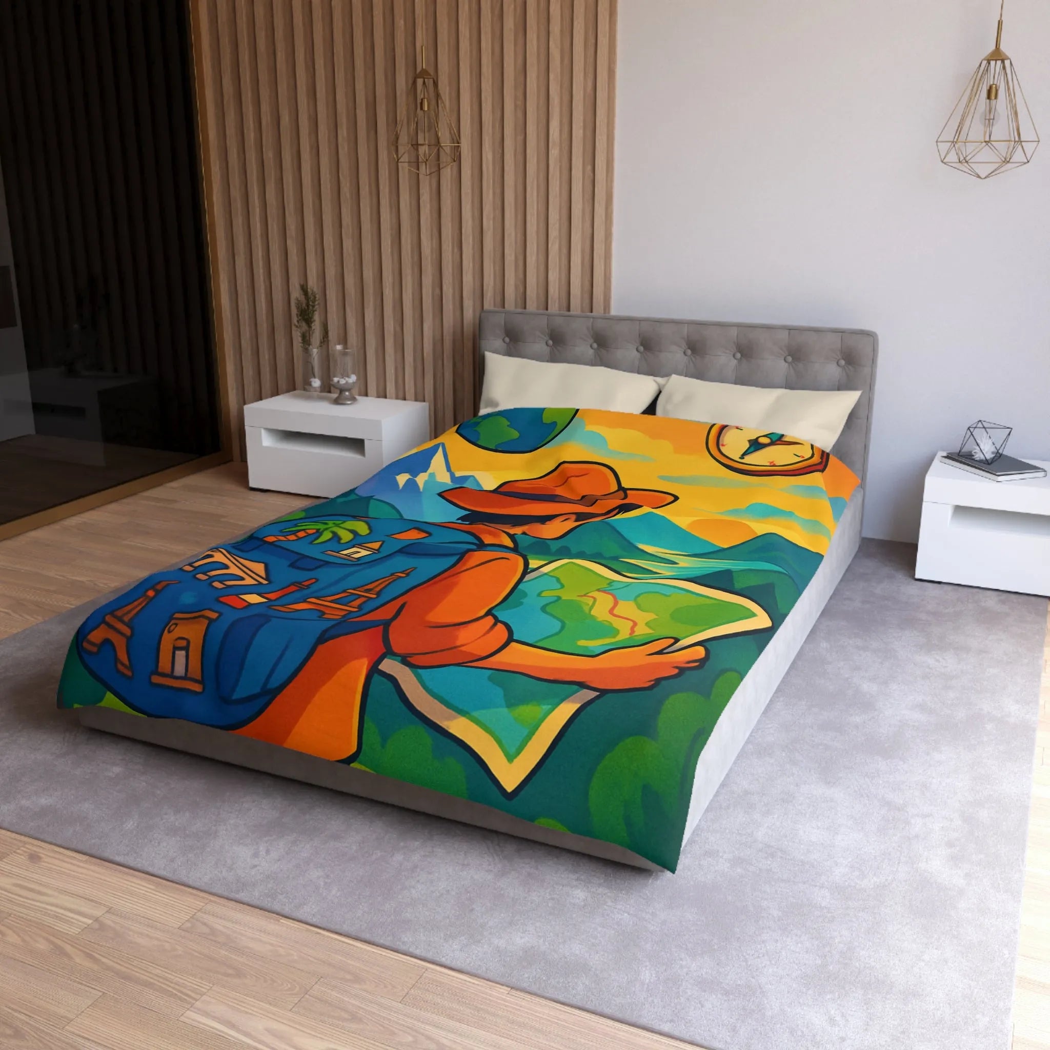 Housse de couette explorateur colorée avec carte, montagnes, boussole et monuments célèbres
