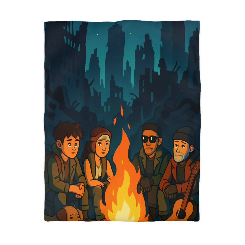 Housse de couette : scène nocturne apocalyptique avec personnages autour d'un feu de camp