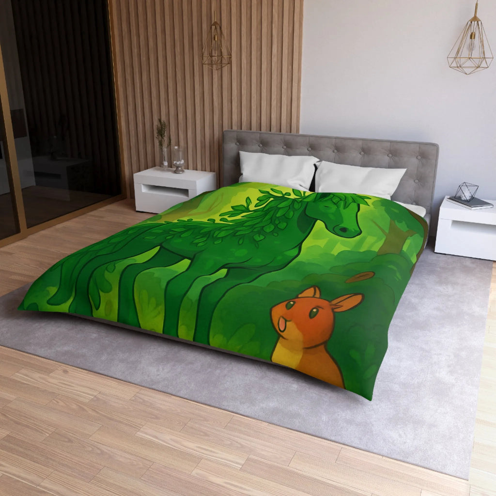 Housse de Couette Forêt Enchantée avec Cheval Vert et Animaux Sylvestres Amicaux