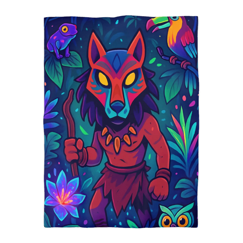 Housse de couette jungle avec guerrier masqué, animaux vibrants et feuillage exotique