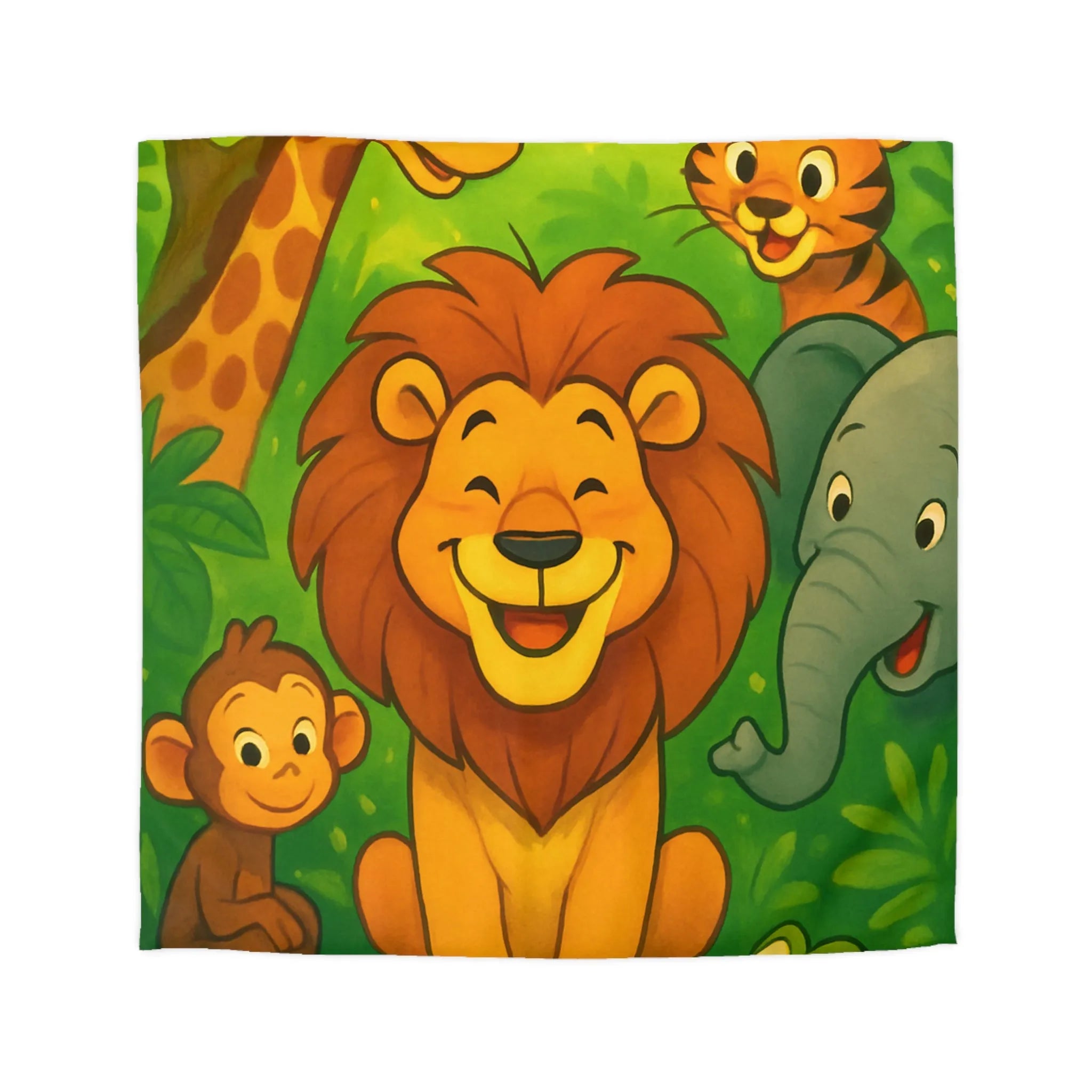 Housse de couette enfant jungle avec animaux joyeux, lion, tigre, girafe, éléphant