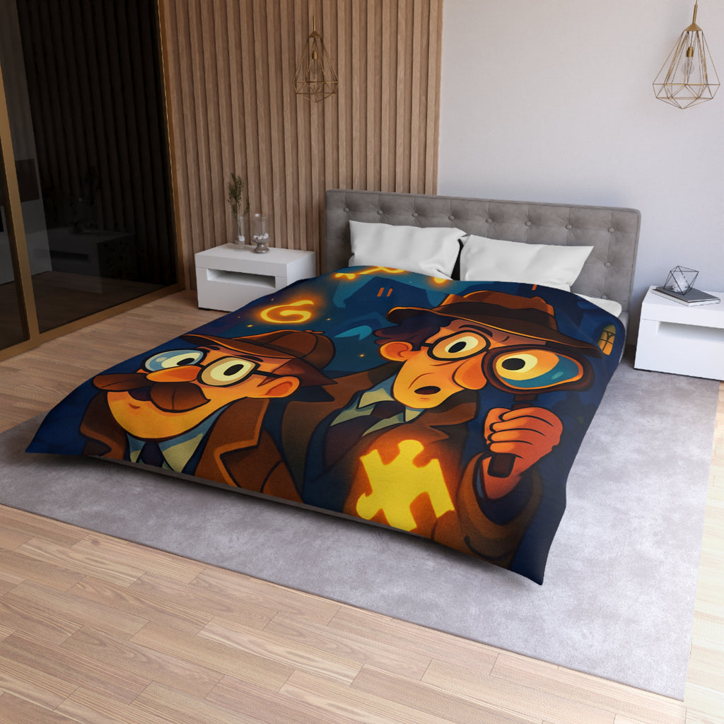Housse de couette mystérieuse avec détectives sous un ciel étoilé, lunettes et loupe