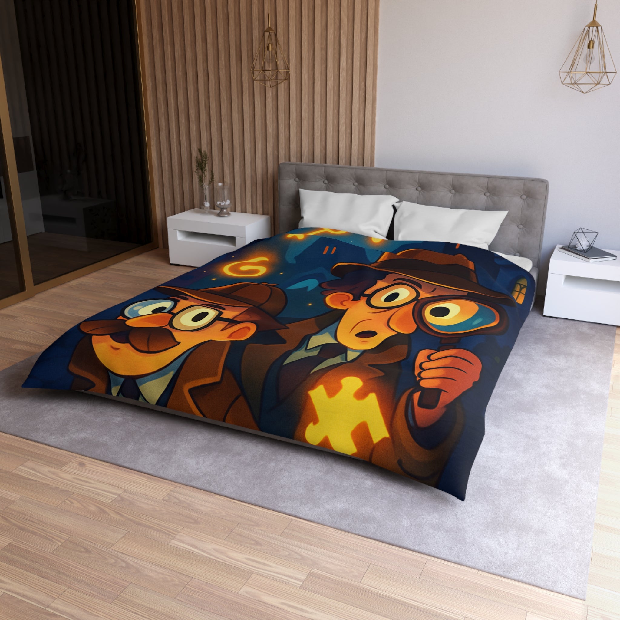 Housse de couette mystérieuse avec détectives sous un ciel étoilé, lunettes et loupe