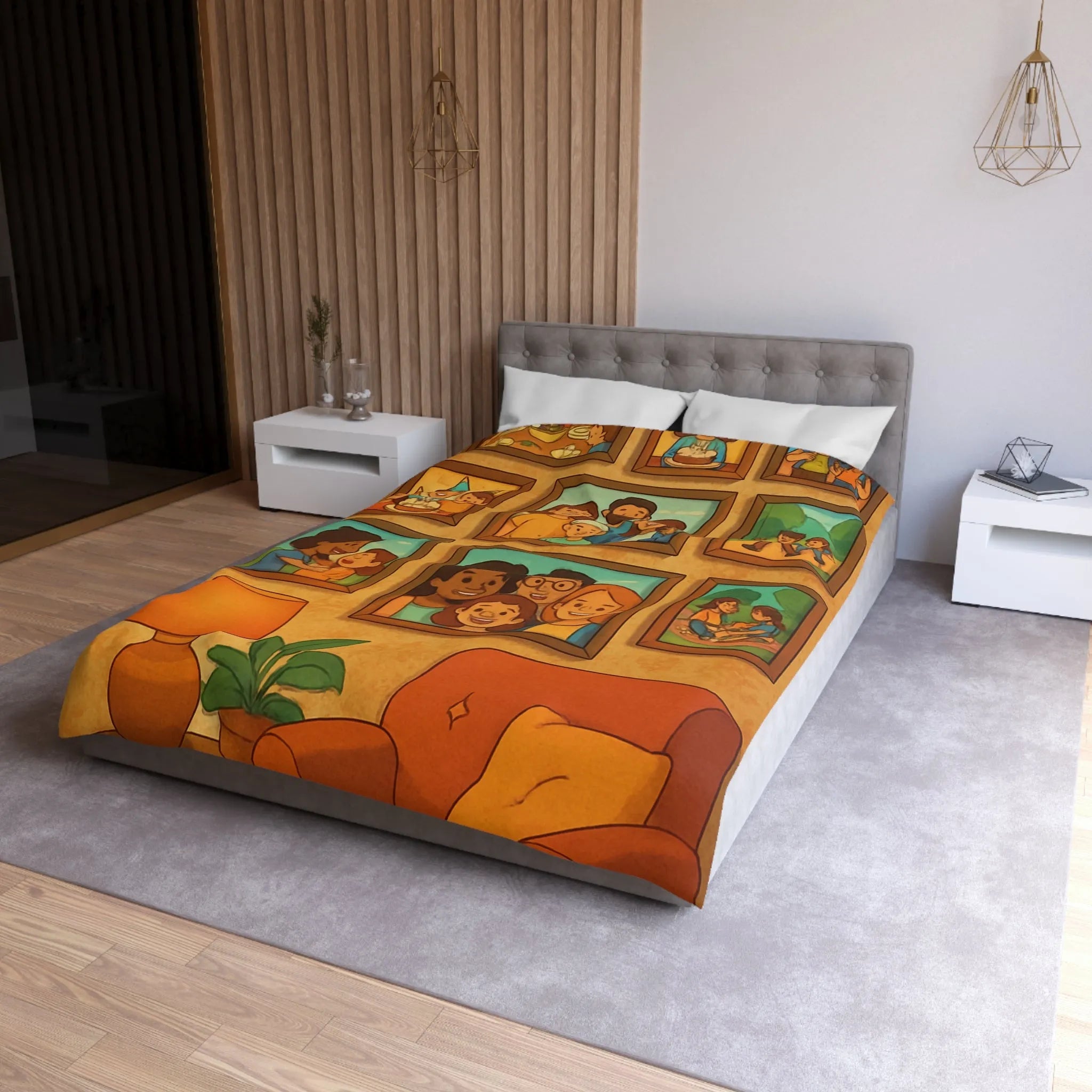 Housse de Couette Famille Heureuse avec Cadres Photo et Éléments Vintage pour Chambre