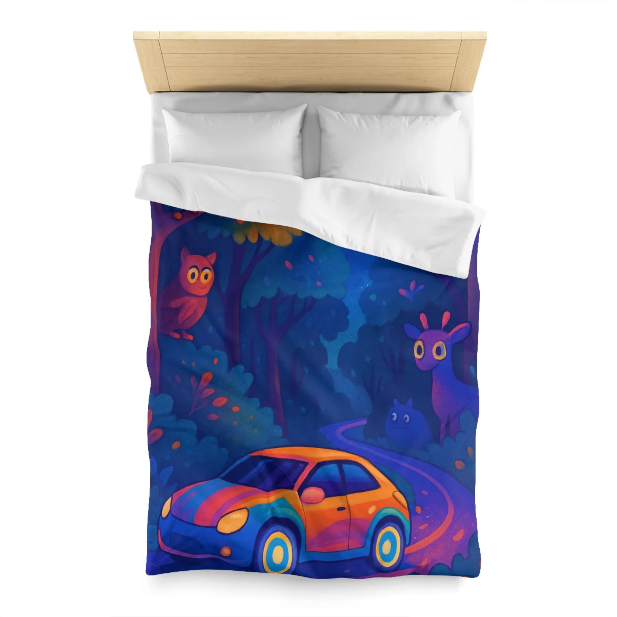 Housse de couette forêt magique avec voiture et animaux, ambiance nocturne colorée fantastique