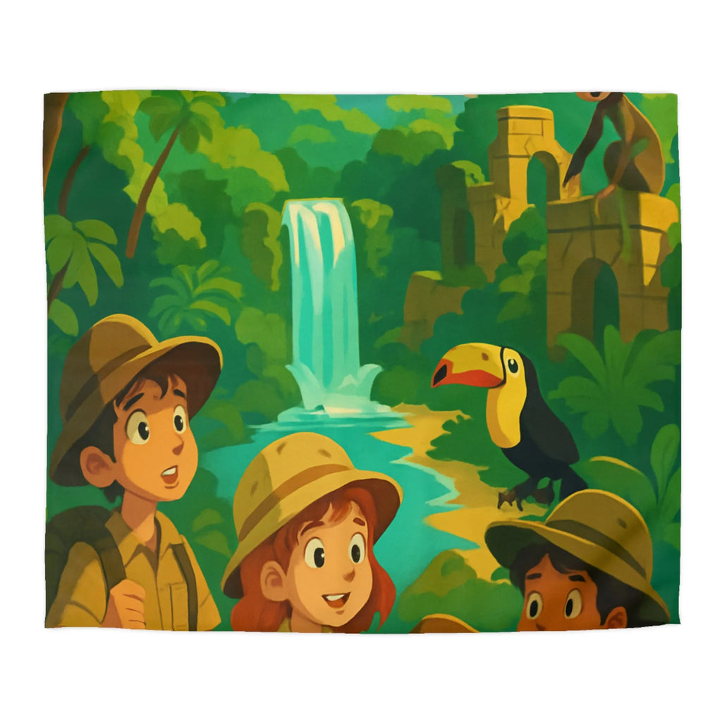 Housse de Couette Jungle Aventure Enfants avec Toucan, Monuments et Cascade Colorés
