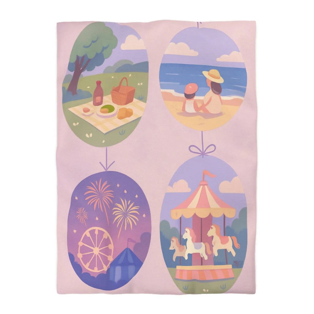 Douce Housse de Couette avec Scènes de Nature et Loisir Pastel Évoquant Sérénité