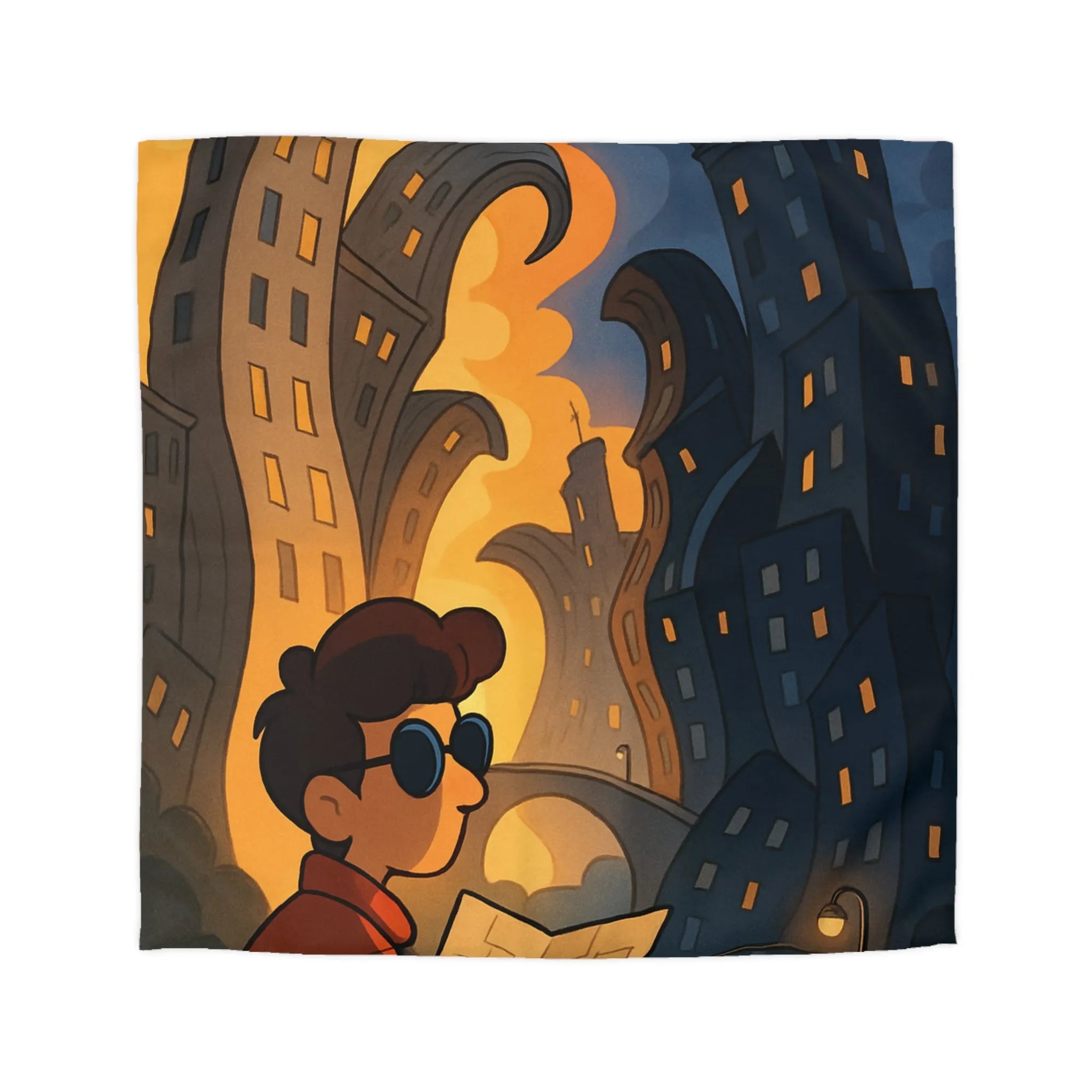 Housse de Couette Artistique avec Paysage Urbain Surréaliste et Architecture Tordue