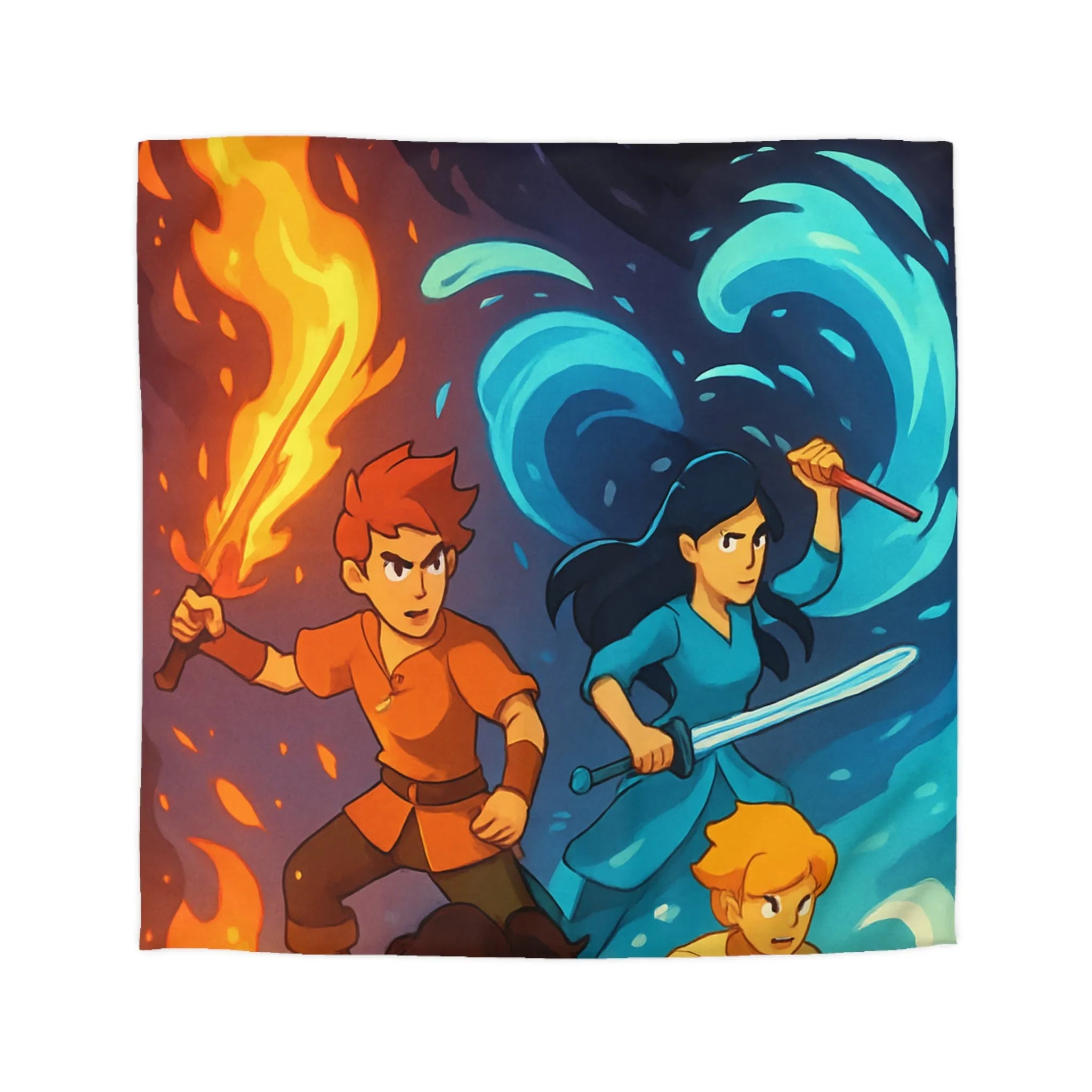 Housse de couette épique avec quatre jeunes héros maîtrisant les éléments pour RPG aventure