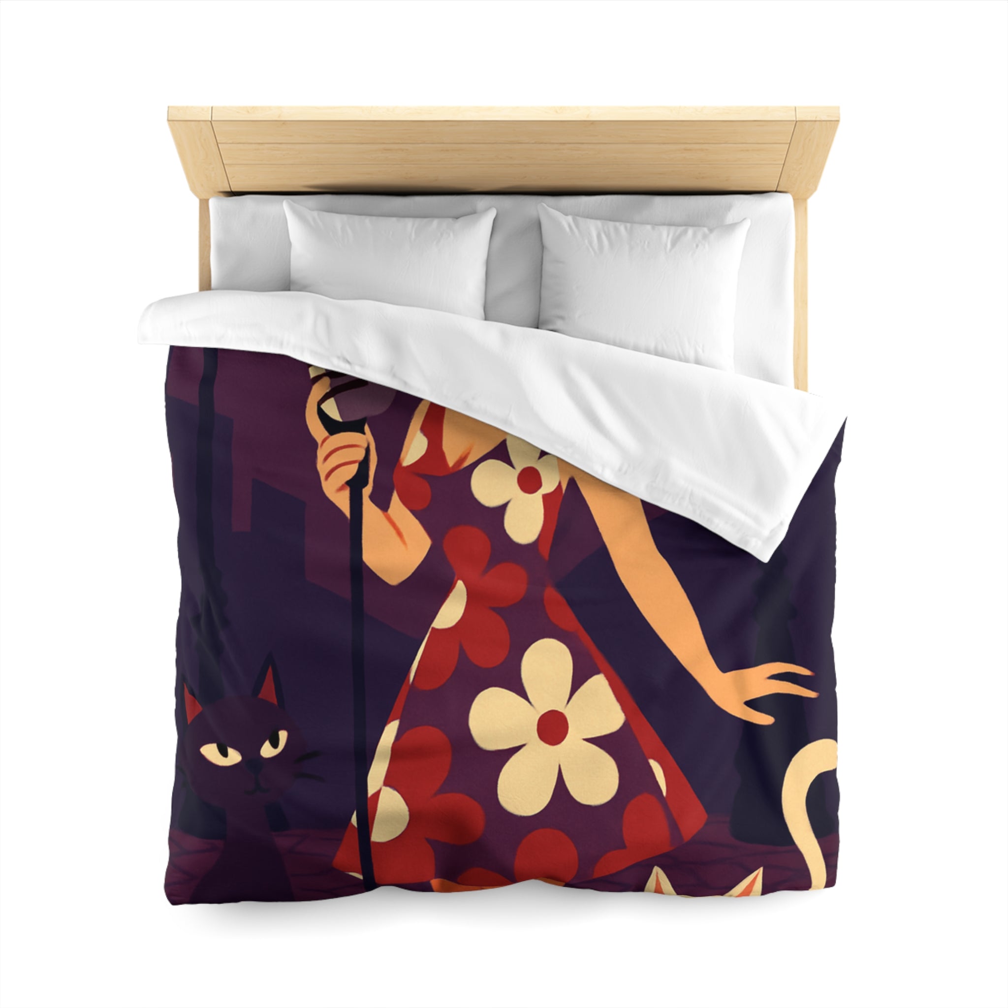 Housse de Couette Vintage avec Chanteuse Rétro et Chats sous Réverbères Nocturnes