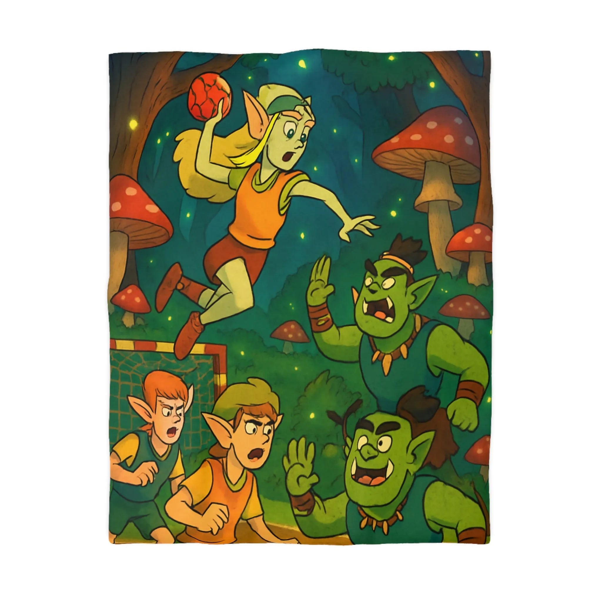 Housse de couette d’elfes joueurs de handball dans une forêt magique illuminée