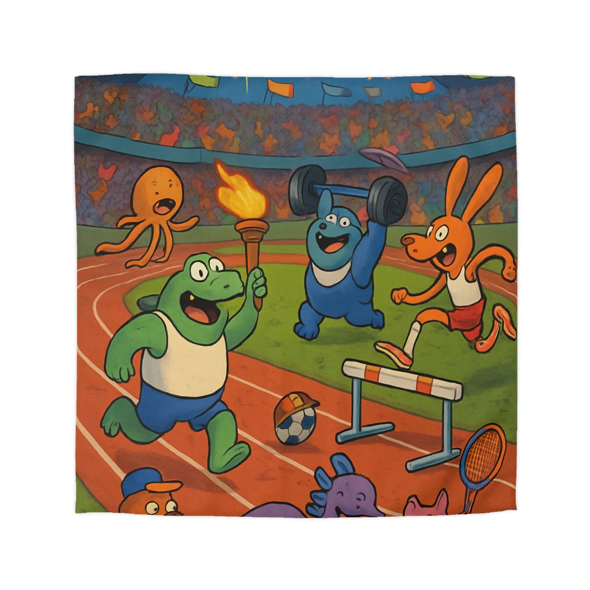 Housse de couette colorée avec animaux sportifs célébrant sous feux d'artifice nocturnes